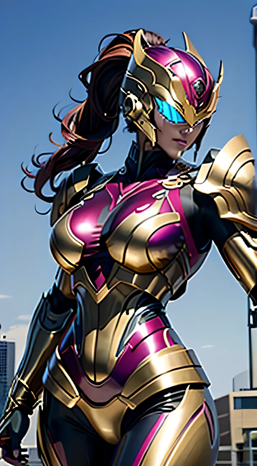 Female Robocop Solo、Bright outdoors、strong light source、8K, high quality, masterpiece, 最high quality、very detailed、Armor that completely covers the whole body、very large armor、Helmet covering the head、clear pictures、The eyes are hidden by thin, straight goggles:1.3、The lower half of the face is raw:1.5、The lower half of the face is exposed:1.5、Luscious lips、Red-purple metallic armor with thin gold lines、Armor that completely covers the chest、Long, slender legs、Vibrant posel body view,Big and ample breasts:1.5, (Sports Body:1.5)、Five Fingers、Photos in the city