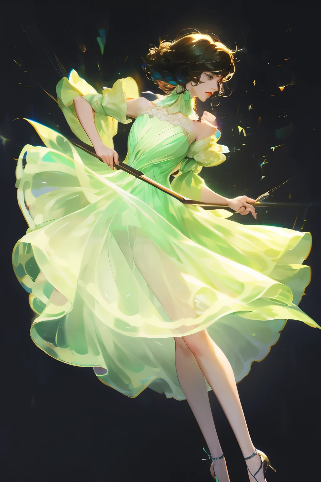 ((High quality work)), Clean and simple lines, The green dress and beautiful ruffled lace complement each other, Enriches the layering of the entire picture, Elegant Edwardian lace dresses and princess dresses add a lot of color to the characters, Gesture with hands behind back , It also shows the gentle and elegant side of women.