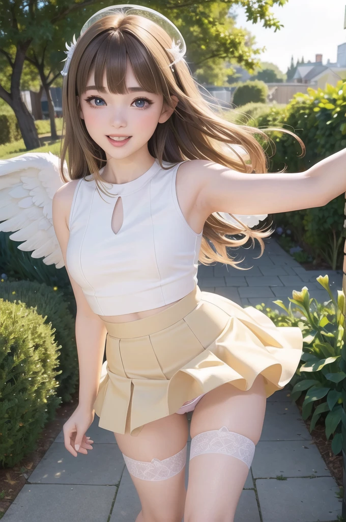 (masterpiece, highest quality, Highest image quality,photorealistic, Raw photo)a girls,(girl is angel),((girl with angel's wing,angel halo floats above her head),blonde hair,very slutty, smile,mouth open,skirt lift,((showing panty)),(low leg panty),strong wind,whole body,(in garden),beautiful detailed teeth, eyes with large brown irises, blunt bangs,small mouth, fresh lips,nose blush,dynamic pose,three-dimensional,Perfect face,beautiful lighting, volumetric lighting, dynamic angle, sharp,