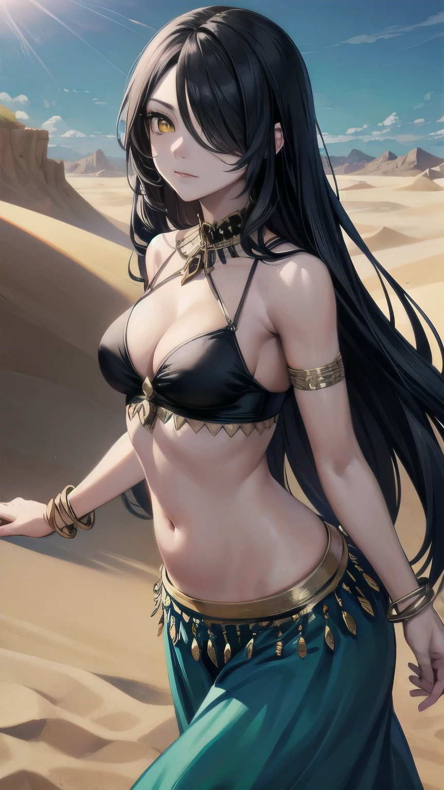(masterpiece), best quality, expressive eye, perfect face, mature female, medium breasts, Cleavage, long hair, (hair over one eye), very long hair, straight hair, black hair BREAK yellow eye BREAK belly dancer outfit, jewerly, standing, dancing, spread arms, glaring at viewer, midriff, desert, sand, landscape, barefeet, bracelet, :/, day sky