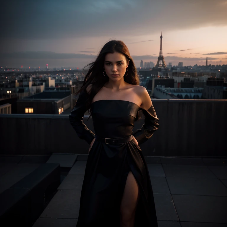 brutalism, Long Exposure contre-jour A model in a stunning fashion night dress, deep reds, and blacks, standing on a rooftop with Paris city skyline in the background, Photography, inspired by the dramatic flair of Annie Leibovitz, vibrant and saturated colors, —ar 16:9 —style raw —stylize 750