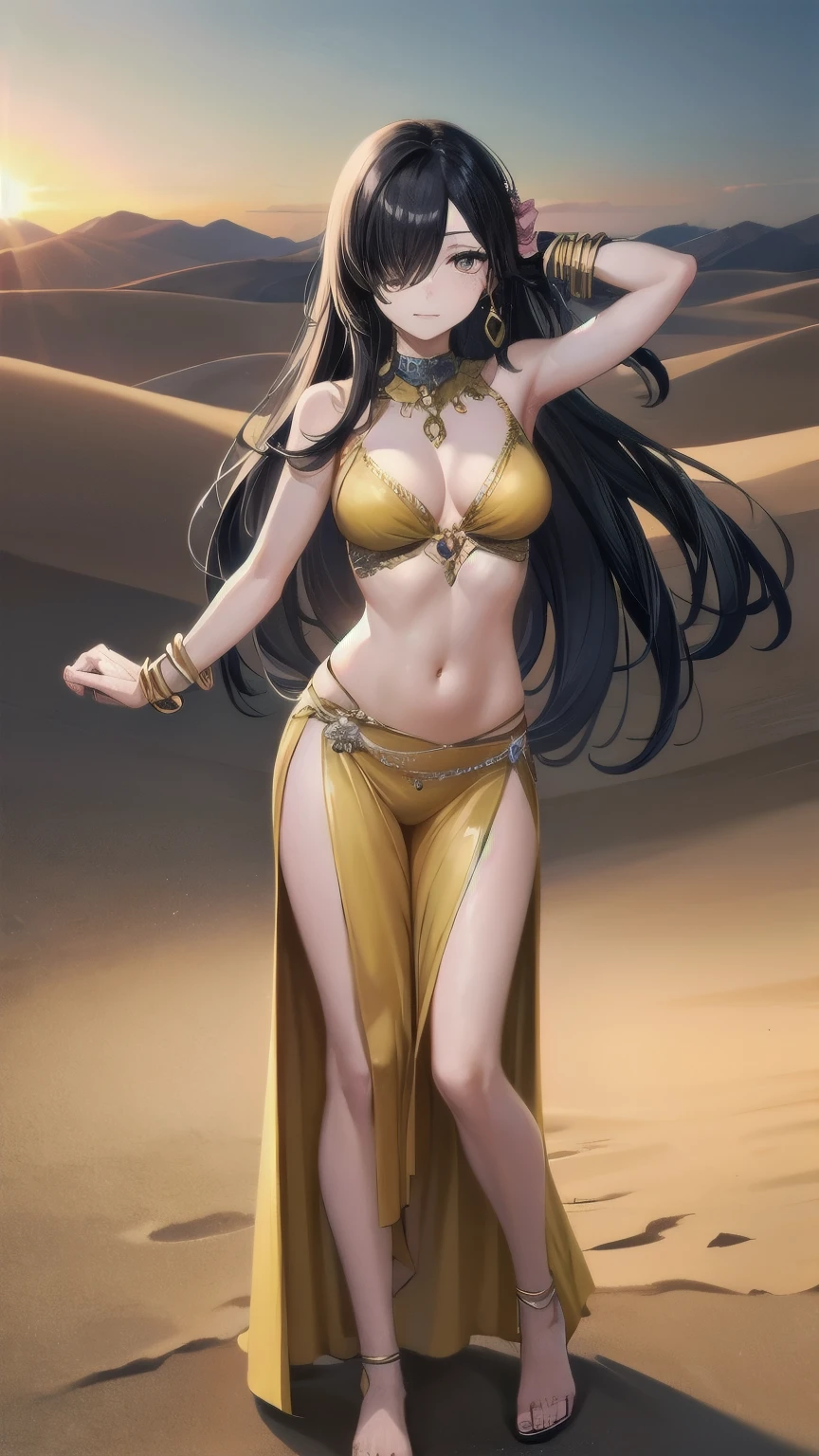 (masterpiece), best quality, expressive eye, perfect face, mature female, medium breasts, Cleavage, long hair, (hair over one eye), very long hair, straight hair, black hair BREAK yellow eye BREAK belly dancer outfit, jewerly, standing, dancing, spread arms, glaring at viewer, midriff, desert, sand, landscape, barefeet, bracelet, :/, day sky