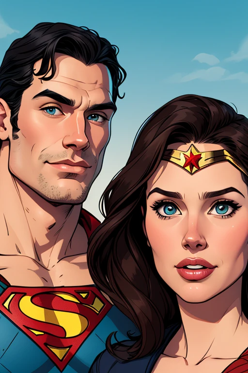 Cartoon style digital illustration portrait mode man in his 30s Henry Cavill with beard and his girlfriend actress Geena Davis Cartoon style digital illustration with the information of Superman and Wonder Woman