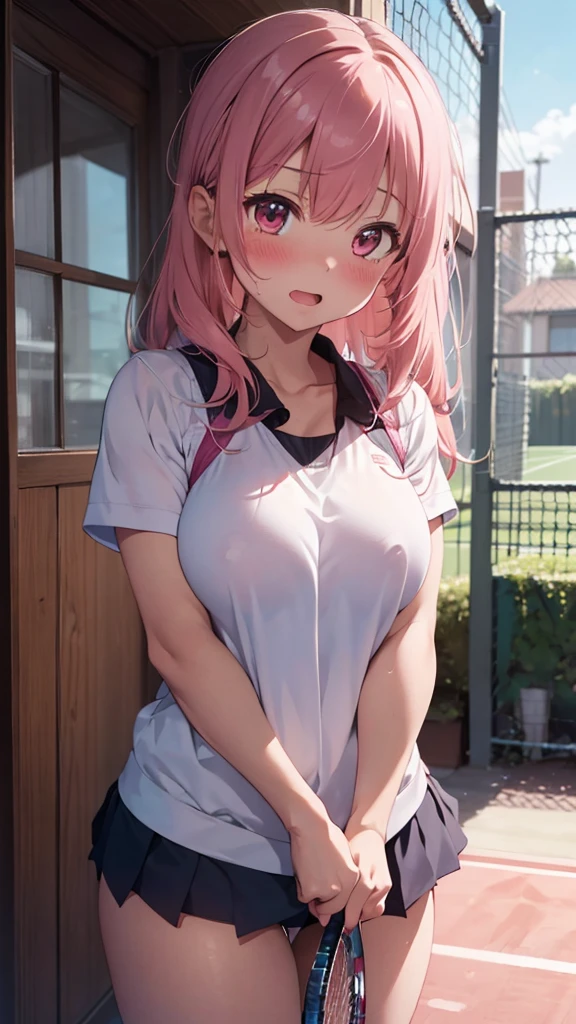 mastute piece,Best Quality,insanely detailed,8k cg,
shoot upper body,
1girl,standing,body in front,looking at viewer,(tennis uniform),
blush,shy,(trembling:1.2),pink hair,break,open mouth,large breast,tennis court,