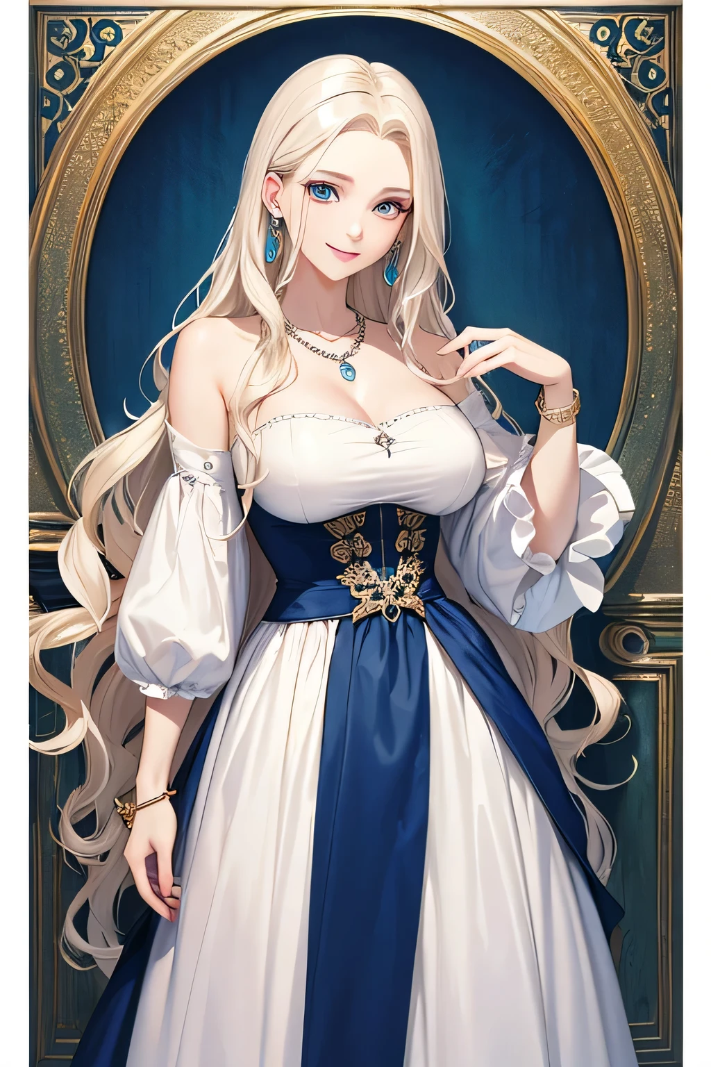 (masterpiece、highest quality、highest quality、Official Art、Beautiful and aesthetic:1.2)Platinum blonde wavy hair、Adult women、A charming smile、blue eyes、big breasts、Earrings、necklace、bracelet