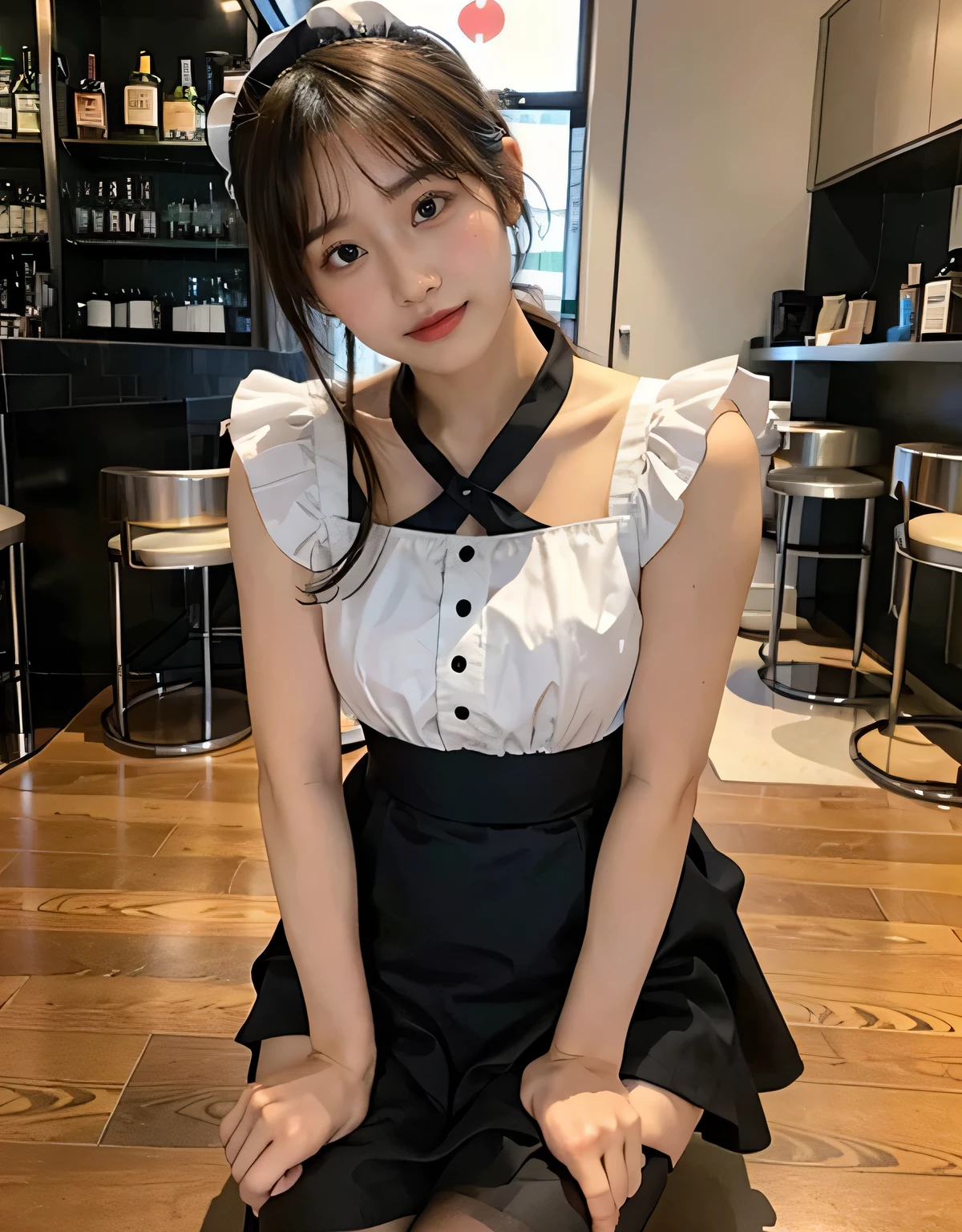 Black maid outfit、The background is bar