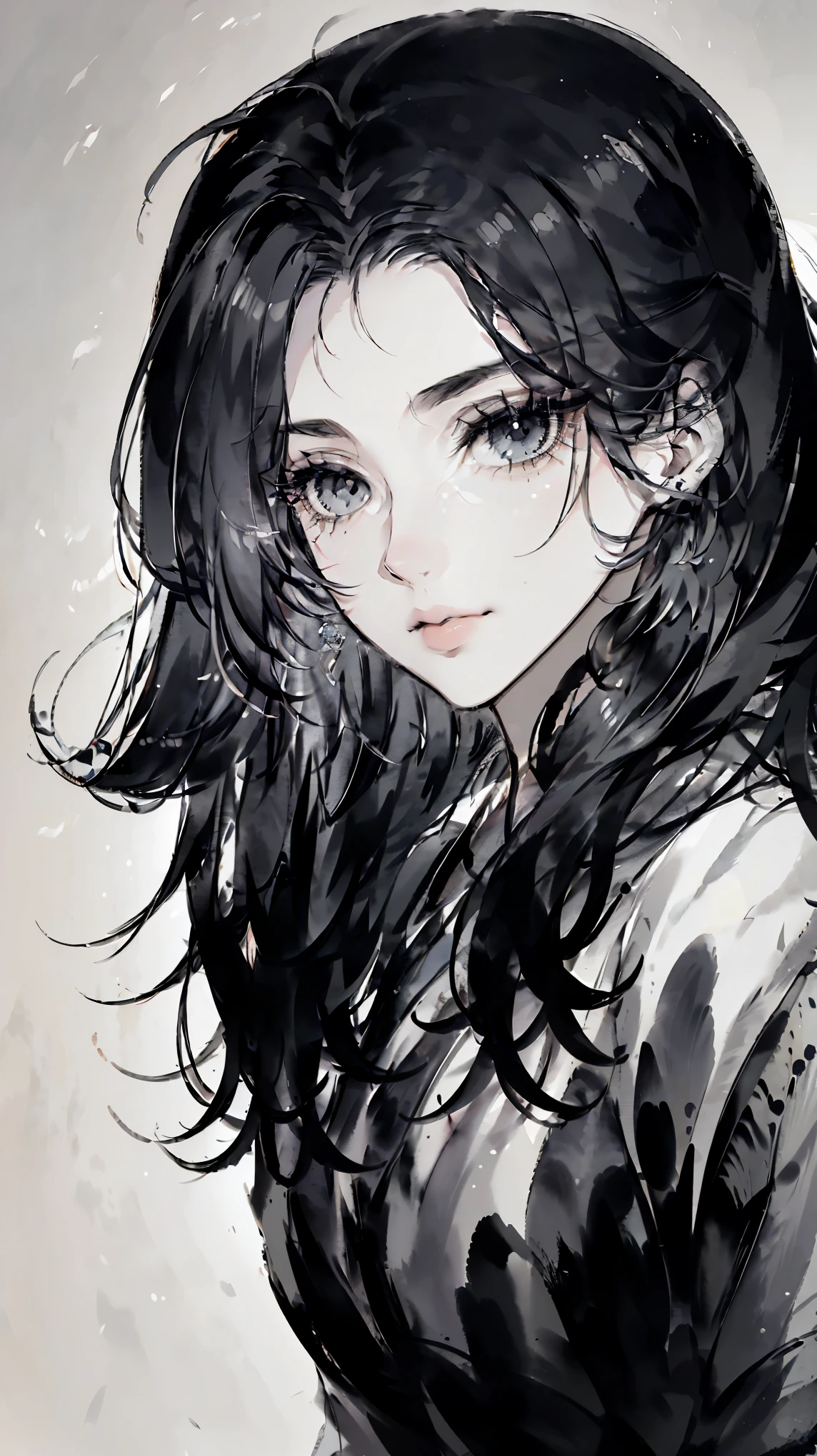 (highest quality,4K,8K,High resolution,masterpiece:1.2),Super detailed, beautiful and detailed eyes, beautiful detailed lips, highly detailed eyes and face, long eyelashes, 1 girl, minimalistic, ink, ink painting, portrait, soft lighting, Subtle Colour.