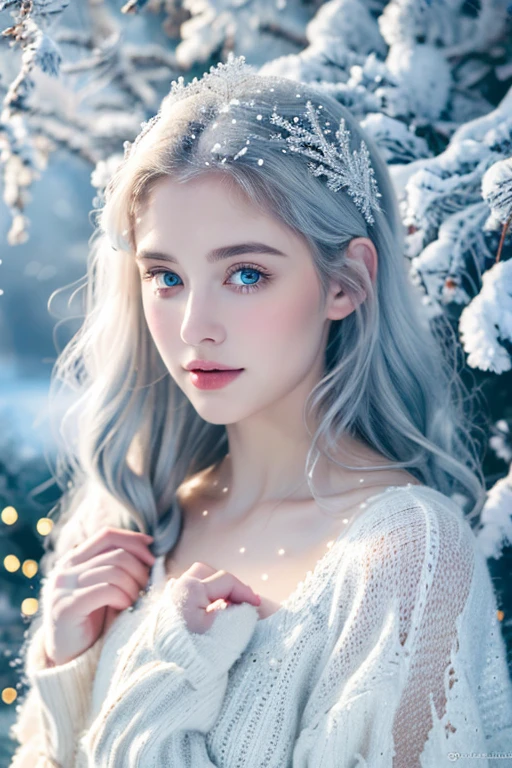 ( masterpiece, top quality, best quality,8k,17 years old girl,ultra detailed,raw photo:1.5),(photorealistic:1.4), (cinematic lighting), PerfectNwsjMajic, , Surrealism, UHD, ccurate, Super detail, textured skin, High detail, Best quality, dynamic angle, White skin,[Beautiful blue eyes], high nose,[flat chest:large breasts:0.5],(1girl),(good anatomy:0.5)),The white,A world covered in silver, branches covered with snow, cold winter touch, Snowflakes dance like elves, Turn the world into a silver fairy tale, Cold, Peaceful and beautiful snow scene, cozy calm, gorgeous princess dress ,white hair