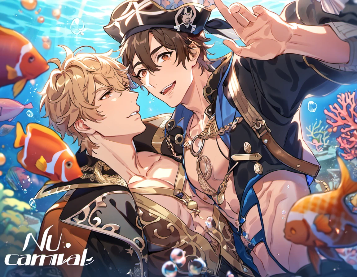 absurdres, highres, ultra detailed, HDR, master piece, best quality, Eiden, brown hair, expressive brown eyes, Nu Carnival, Quincy, blond messy hair, expressive orange eyes, two men together, sexy gay couple, handsome, black hat, fantasy black pirate clothes, accessories, showing the chest, underwater, coral, fish, bubbles