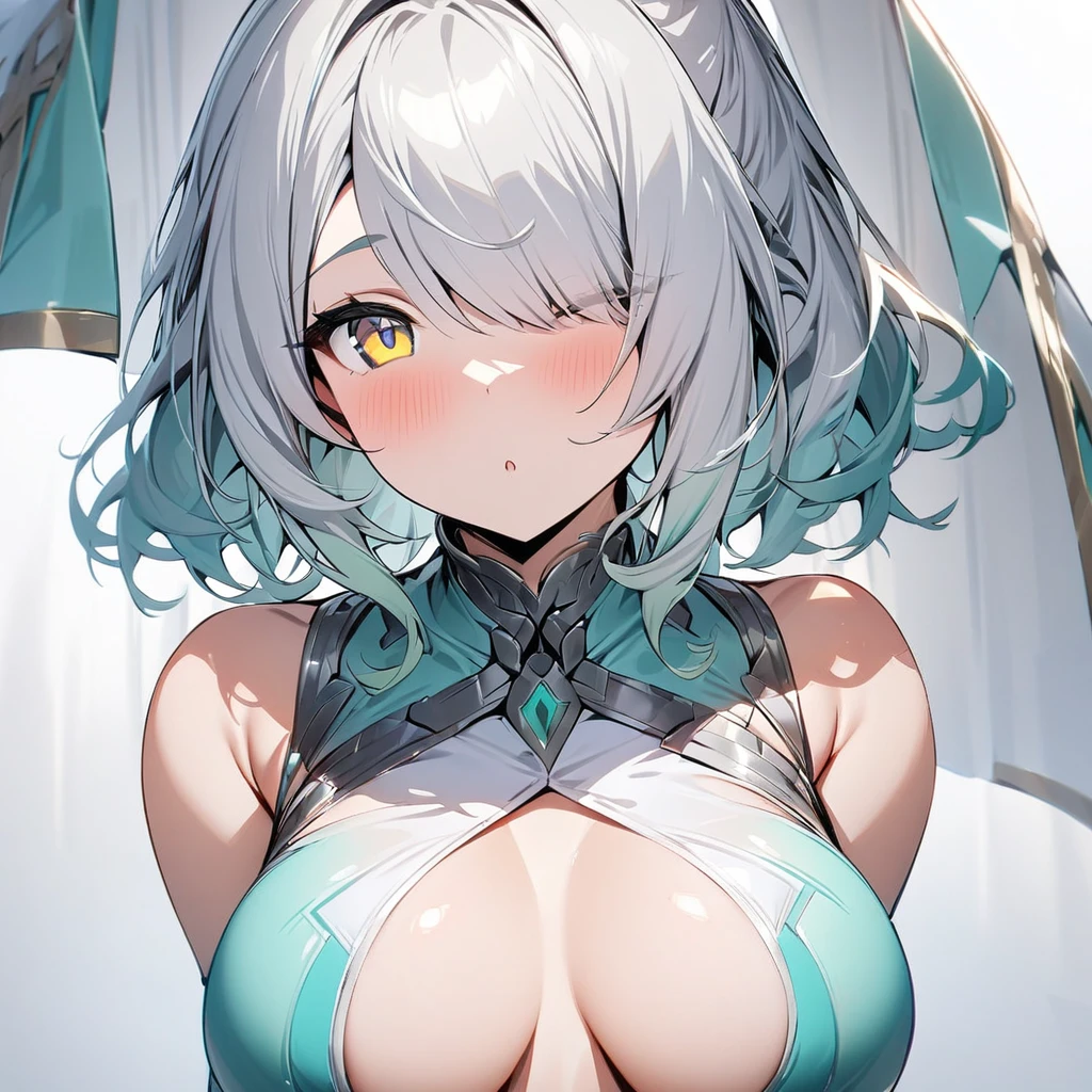 (front view),cute facing_viewer,(one eyes:1.3),(1 girl), curvy Goddess,masterpiece, best quality, white background,from front, front view, [light silver and light azure, light yellow and light emerald, silver and azure, (light yellow and light silver eyes), (light white and light silver),hair] Solo focus