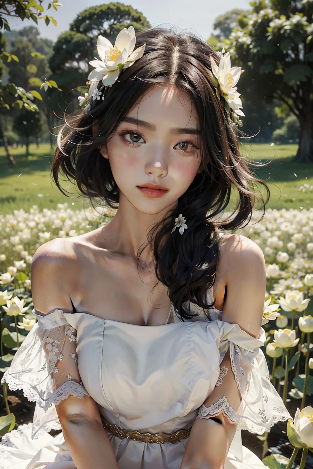 a close up of a woman in a white dress sitting in a field of flowers, ethereal beauty, realistic. cheng yi, beautiful asian girl, lotus floral crown girl, beautiful young korean woman, beautiful south korean woman, artwork in the style of guweiz, beautiful portrait image, gorgeous young korean woman, guweiz, with flowers, ethereal!!!!!!!, lovely delicate face