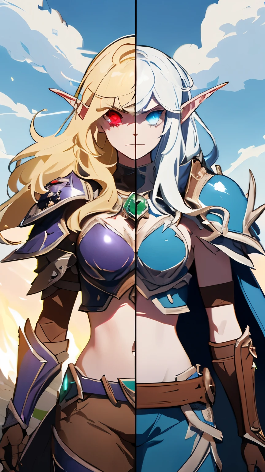 (((SplitScreen, split screen, 1girl, pointy ears, long hair, blue hood, blue breastplate, pauldrons, blue gloves, blue armor, brown cape, brown pants, Peach skin, Light Blue eyes, blonde hair, midriff, elf,))) Vs, {{{SplitScreen, split screen, 1girl, pointy ears, long hair, purple hood, brown breastplate, pauldrons with white skulls, purple gloves, grey skin, red eyes, Purple armor, brown cape, black pants, white hair, midriff, glowing eyes, black tears, undead,}}}