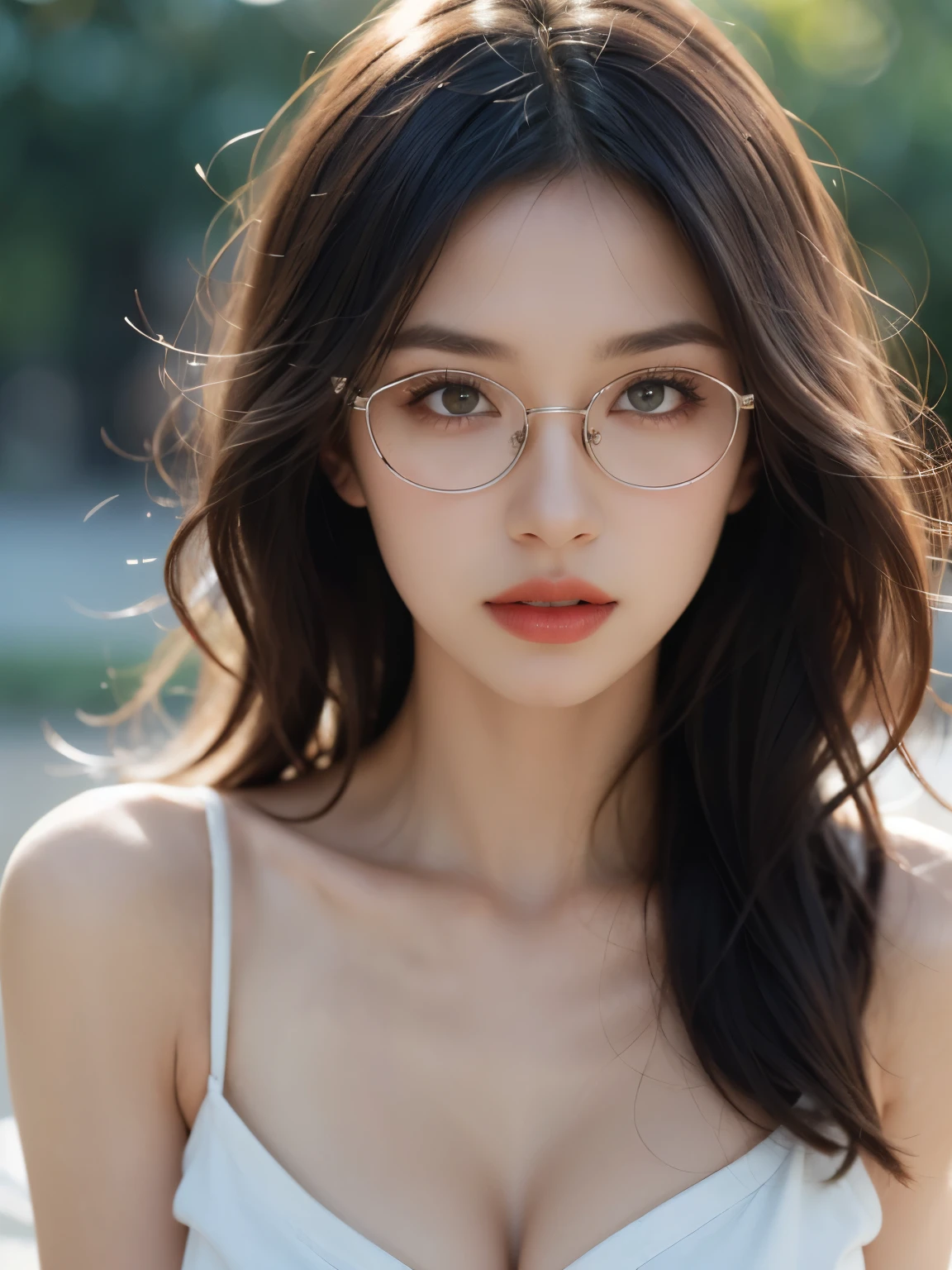 Film Portrait Photography, 1 girl, Bare shoulders,Lipstick,(flat chest:1.4), Shoulder-Length Wavy Hair, wear glasses,serene, calm, (Realistic and detailed eyes, Natural skin texture, Realistic facial details), Soft dramatic lighting, Depth of Field, Bokeh, Vivid details, Detailed and detailed, Surreal, 35 mm film, hazy, ,