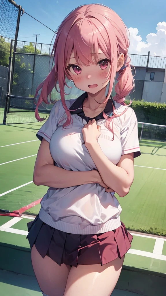 mastute piece,Best Quality,insanely detailed,8k cg,
shoot upper body,
1girl,standing,body in front,looking at viewer,(tennis uniform),
blush,shy,(trembling:1.2),pink hair,break,open mouth,tennis court,