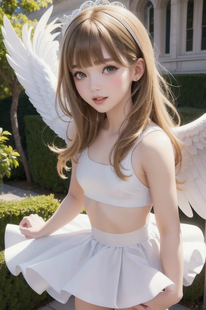 (masterpiece, highest quality, Highest image quality,photorealistic, Raw photo)a girls,(girl is angel),((girl with angel's wing,angel halo floats above her head),blonde hair,very slutty, smile,mouth open,skirt lift,((showing panty)),small panty,strong wind,whole body,in garden,beautiful detailed teeth, eyes with large brown irises, blunt bangs,small mouth, fresh lips,nose blush,dynamic pose,three-dimensional,Perfect face,beautiful lighting, volumetric lighting, dynamic angle, sharp,