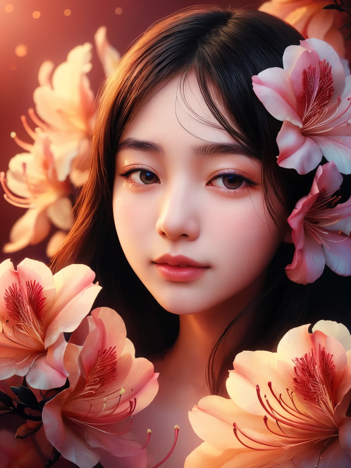 Hyper-realistic portrait of a Japanese girl with Azalea flowers, intricate and detailed composition, close-up, shallow depth of field, soft natural lighting, high resolution, accurate representation, unique, creative, well-lit, clear details, Canon EOS R5, 100mm macro lens, f/2.8, elegant, sophisticated, well-composed, unique pose, warm color tones, delicate, refined, natural beauty