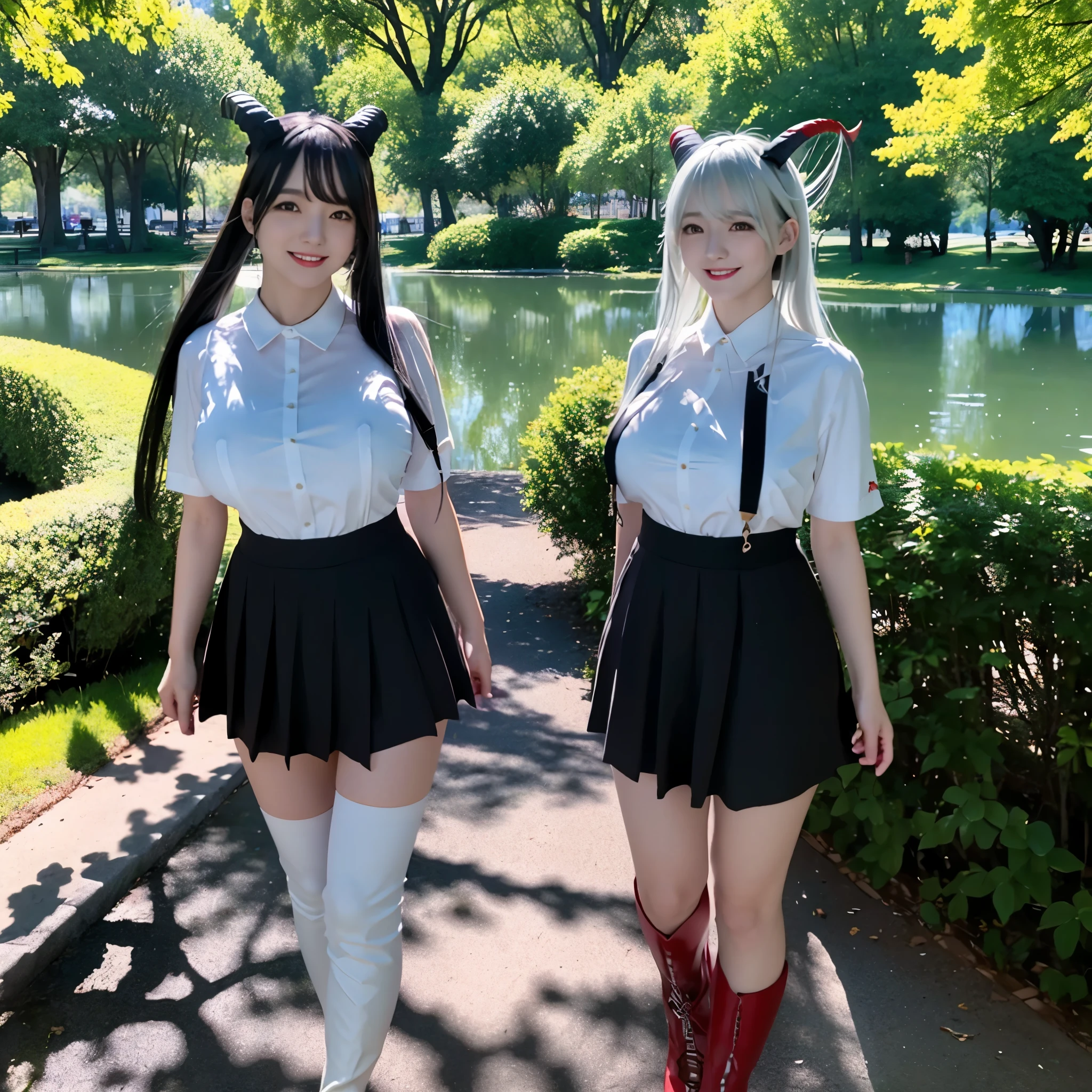 A woman wearing a short black skirt, white shirt, long socks, long boots, long white hair, red bangs, horns, yellow eyes, smiling, walking on a park walk, with a lake in the park, trees, big breasts,HDR, ultra resolution, well defined, masterpiece, 8K HD. (solo woman)
