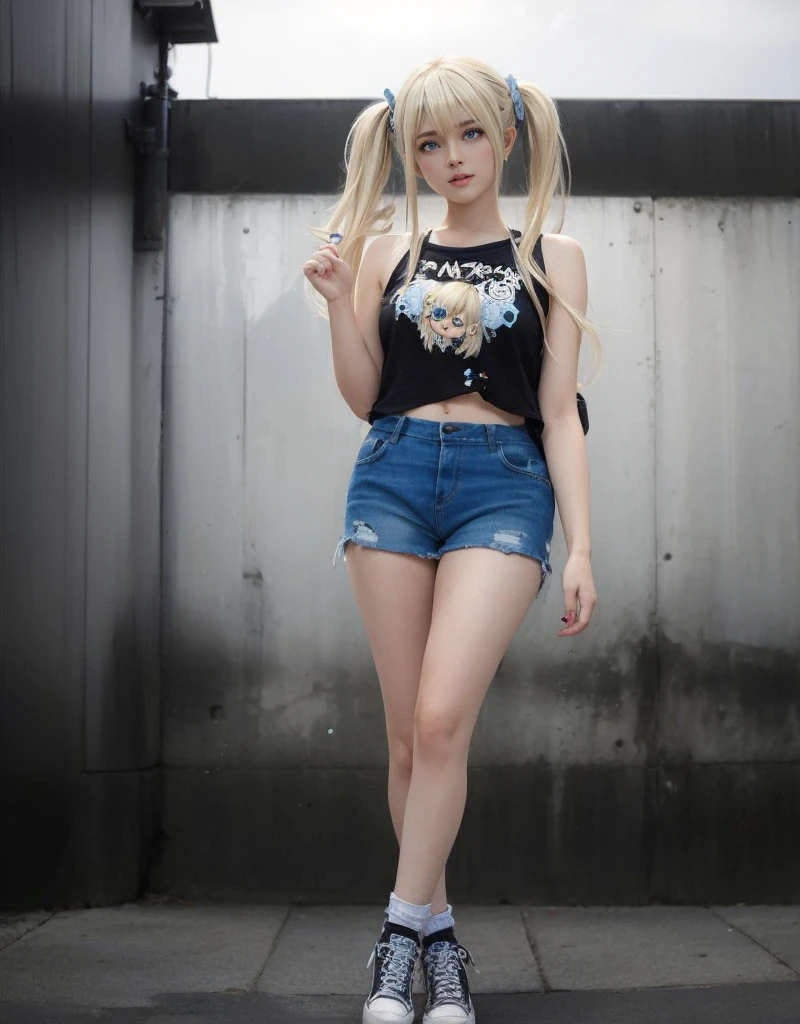 Marie Rose,blonde hair with two pigtails, light blue eyes, beautiful face, wearing a short, sensual dress, sitting on the edge of a bed, showing her legs