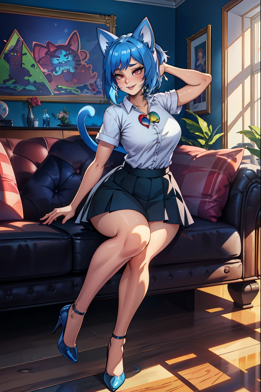 cat girl, blue hair, red eyes, cat ears, cat tail,white shirt, skirt, (extremely detailed CG unity 4k wallpaper),(masterpiece),(best quality),(ultra-detailed),(best illustration),(best shadow),(absurdres),(detailed background), Smiling, Contemporary house, Lipstick, Eyeshadow, High heels, 