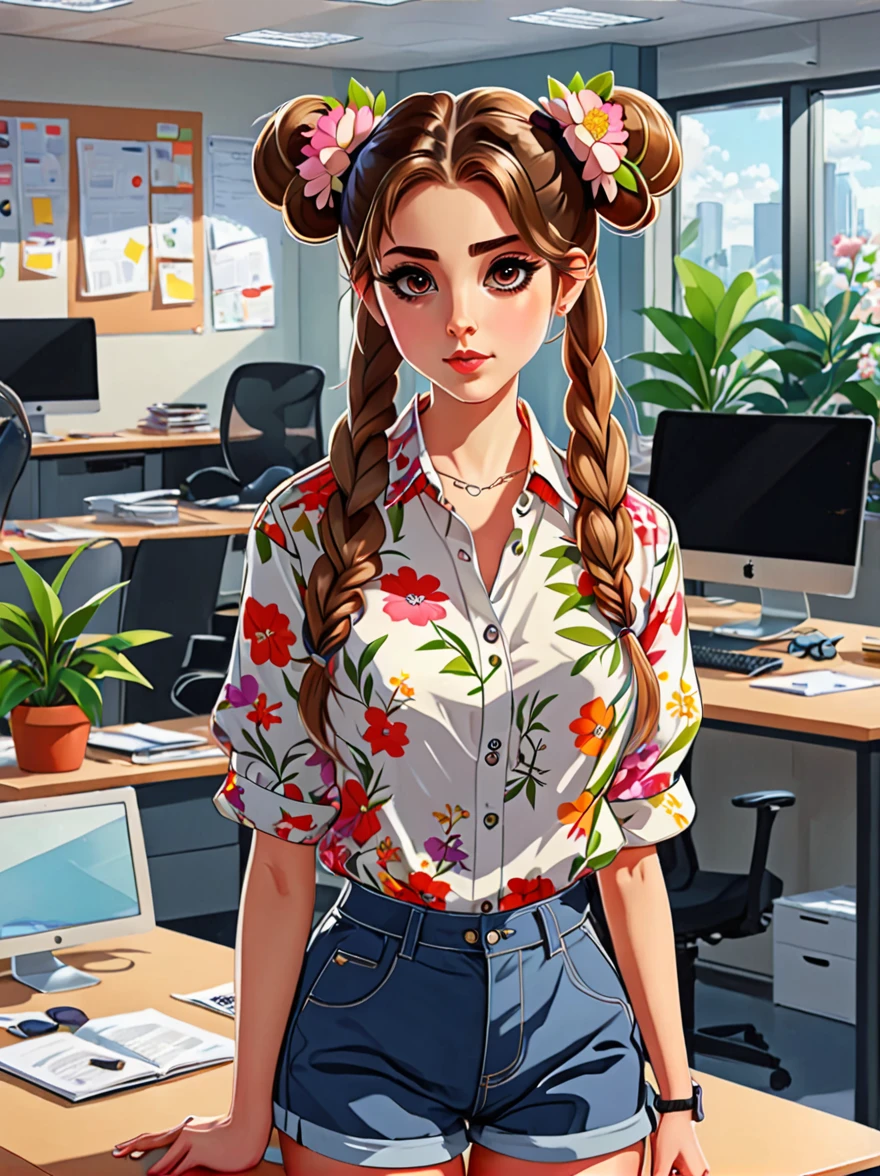 (masterpiece, best quality:1.2), cartoonish character design,1 girl, (solo:1.5),big eyes,Cute expressions,Two hair buns,Floral shirt,Work clothes,White sneakers,Standing,interesting,Clear lines,Busy office background
