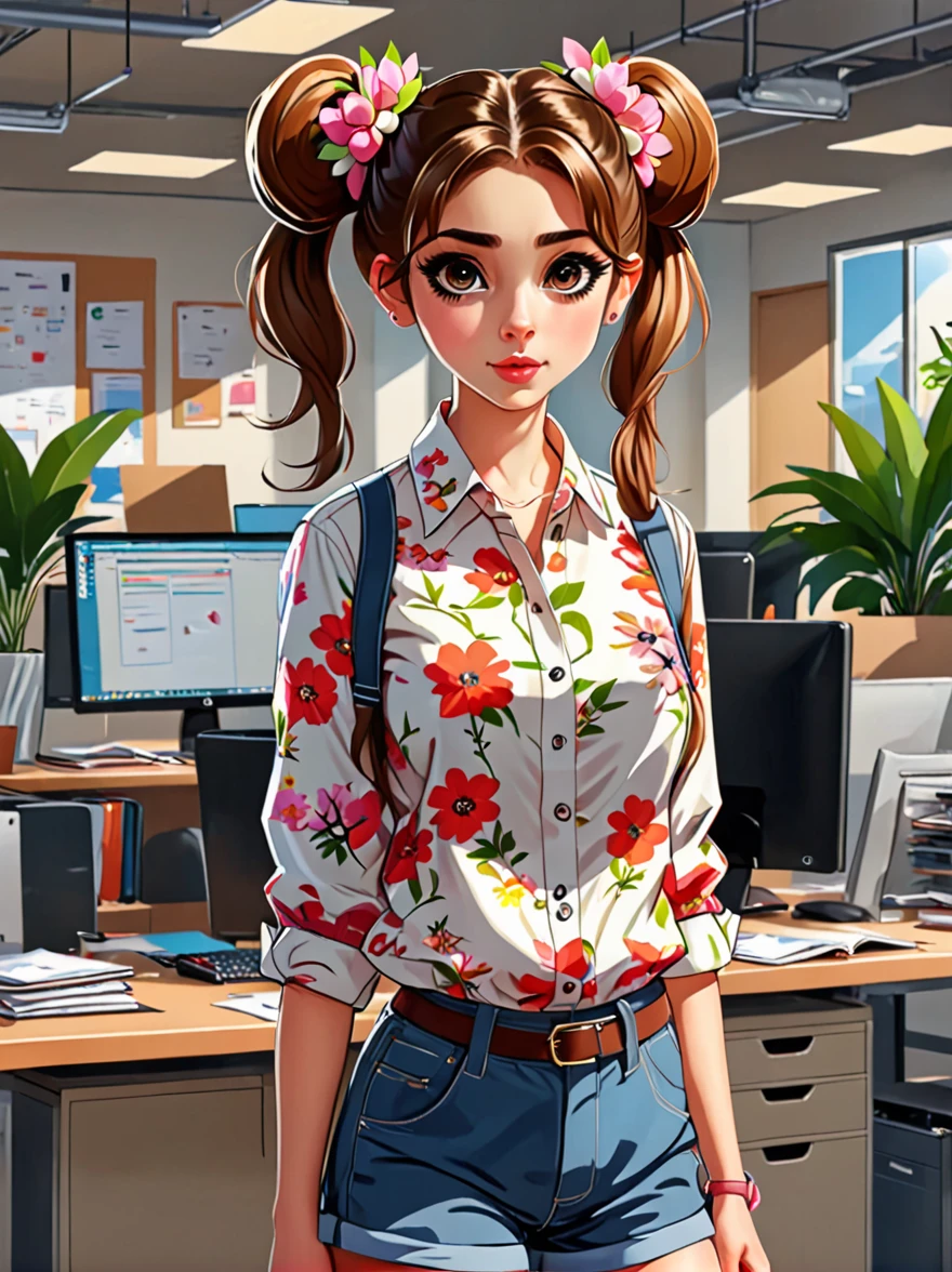 (masterpiece, best quality:1.2), cartoonish character design，1 girl, (solo:1.5)，big eyes，Cute expressions，Two hair buns，Floral shirt，Work clothes，White sneakers，Standing，interesting，Clear lines，Busy office background