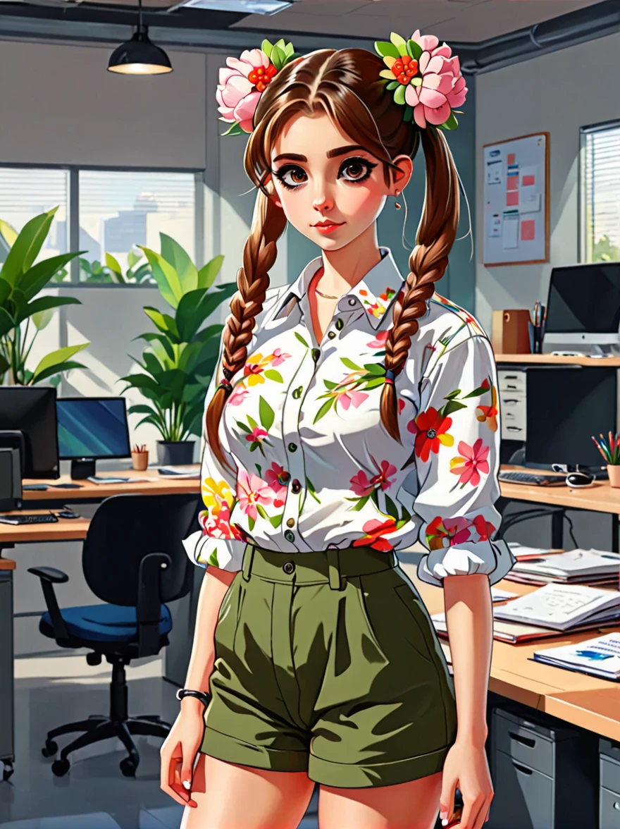 (masterpiece, best quality:1.2), cartoonish character design，1 girl, (solo:1.5)，big eyes，Cute expressions，Two hair buns，Floral shirt，Work clothes，White sneakers，Standing，interesting，Clear lines，Busy office background