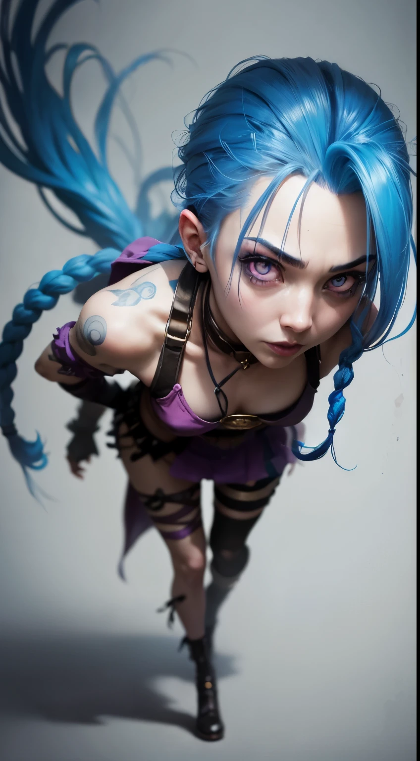 Jinx, Arcane, crazy, close up photograph,Full body photo。