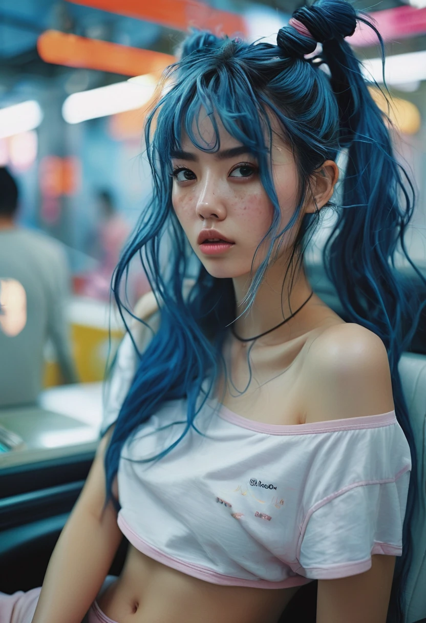 1girl, idol, close-up, collarbone, ,, photo, film, depth of field, skin texture, t-shirt, rubber band, topknot, long hair, messy hair, freckles, In the room, underwear, blush, focus on face, bangs, hair circle, blue hair Futuristic cities、TOKYOcty、empty mechanical car、natta、Numerous cyborgs fighting surrounded by creepy cyborg DNAt."."agnes cecile, Written by Andre Masson, Francis Bacon, 4K, intrincate details, Attention to detail, awardwinning, 8K, crisp quality, hyper realisitic, Exquisite craftsmanship, nffsw, masutepiece, Lusciousness, Mesmeric, Dreamy, Eye-catching, Irresistible, Fascinating, Glorious, divine, Pretty, excellent, Gorgeous, Very cute, Adorable, classy, Stunning, water color, painting, artwork, beautiful girl