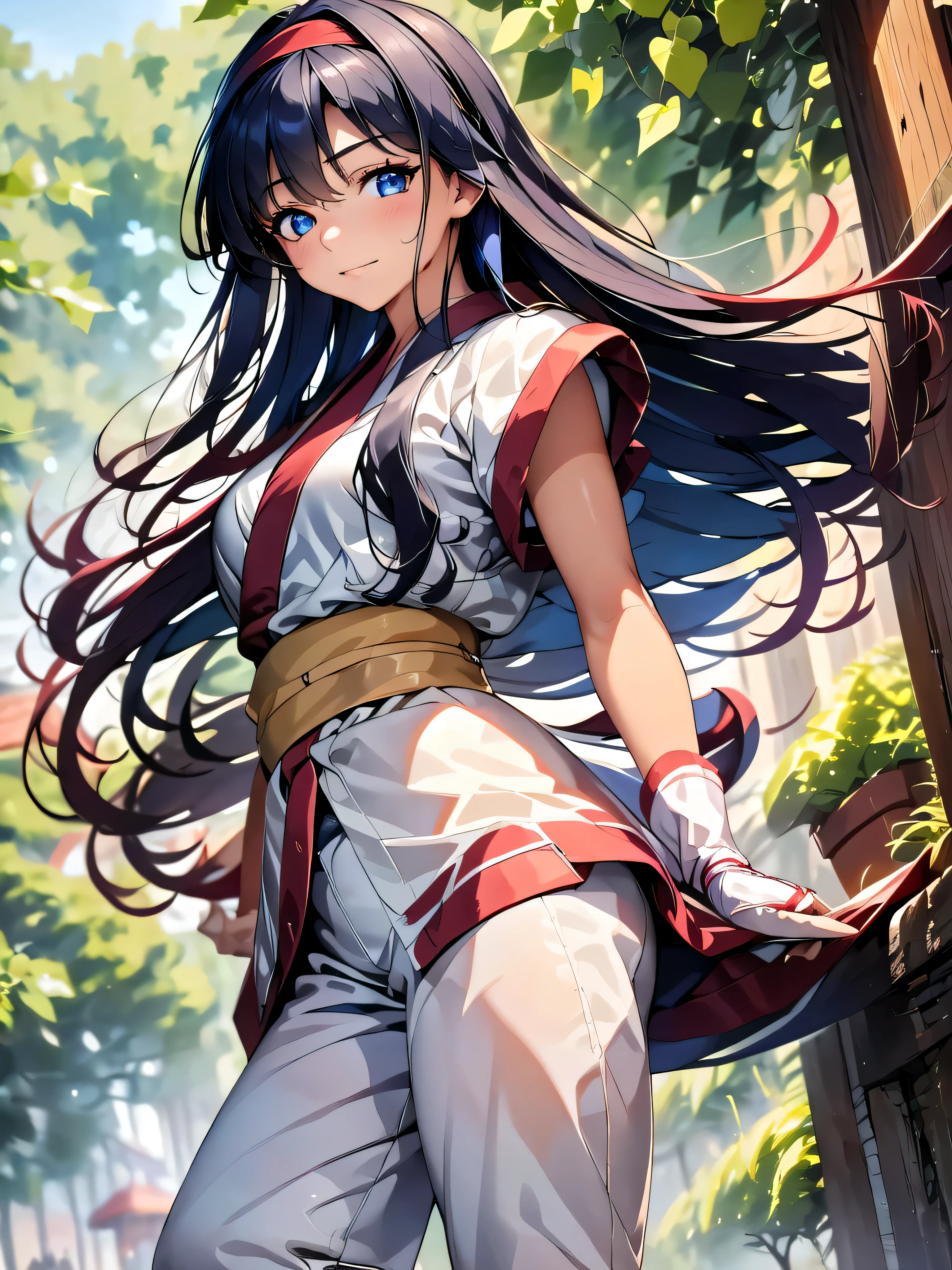 masterpiece, highest quality, Perfect Face, Highest Resolution, Highest quality,Detailed depiction of the eyes,Nakoruru, 1 girl, , Long Hair, slender, Ainu costume, hair band, deepblue hair, fingerless gloves, Short sleeve, bangs, red hair band, midnightblue eye color, White Pants, kimono, slender, Perfect Anatomy, break