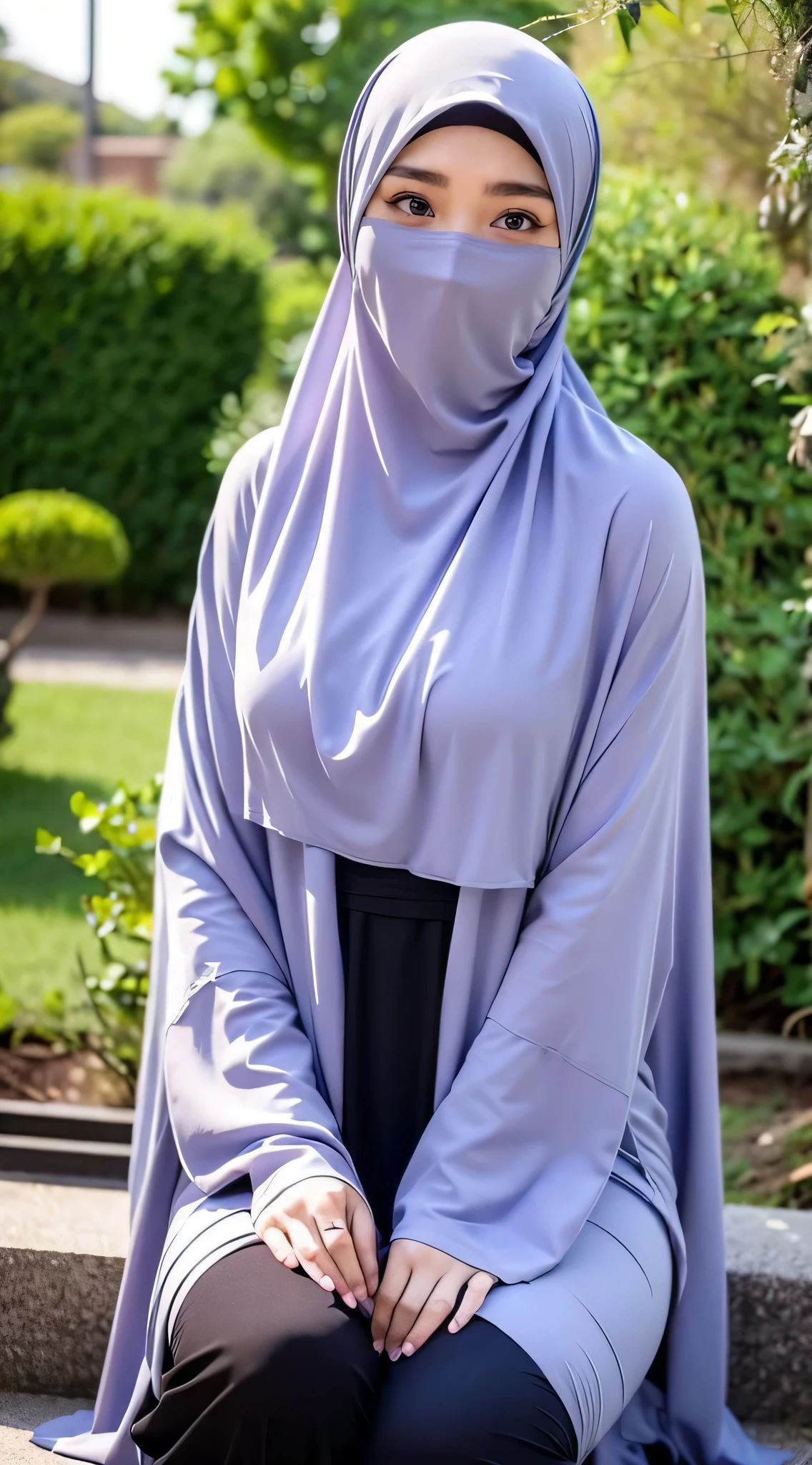 A photorealistic image of a young Japanese girl with blue eyes and a delicate face, adorned in a hijab and a long Muslim abaya. The hijab covers her head, revealing only her beautiful, detailed face and neck. Her long, dark hair peeks out from under the hijab, framing her face and falling gently over her shoulders. Her natural lips are soft and pink, complementing her intricately detailed eyes. The eyelashes are long and thick, casting subtle shadows against her flawless complexion. The abaya, a traditional Muslim garment, wraps around her figure, revealing only her hands and feet. The fabric of the abaya is finely detailed, with intricate patterns and