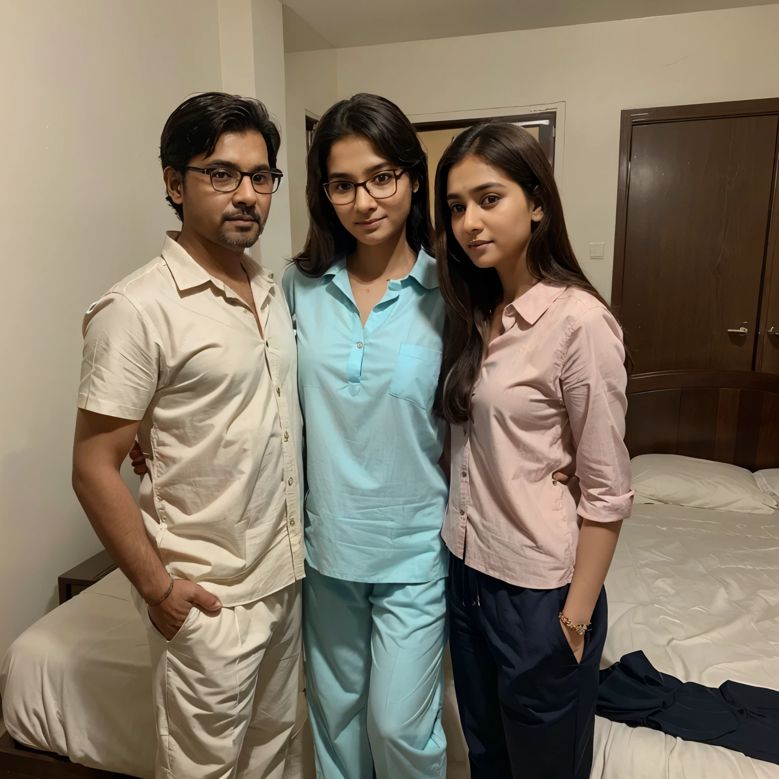 A new baby girl born now on bed and father mother and big brother 4vear and big sister 10 year old standing and welcoming her mother with good height and wearing shirt and salwar and father wearing specs and have long hairs upto ears on both sides in shirt and formal pant