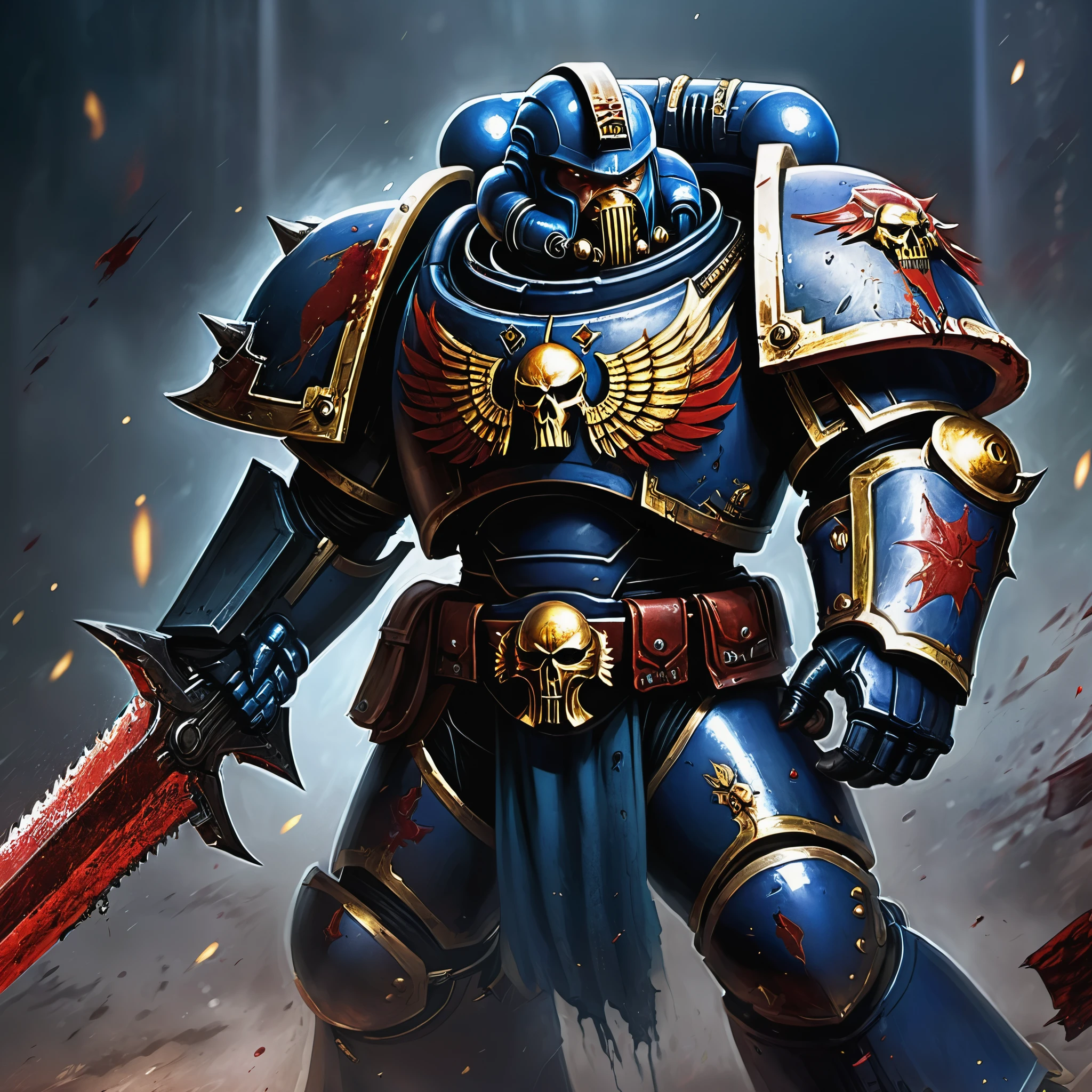 "(best quality,highres),bloody and battered Space marine,defiantly wielding a chain sword,grim determination on his face,bruised armor,damaged armor"
