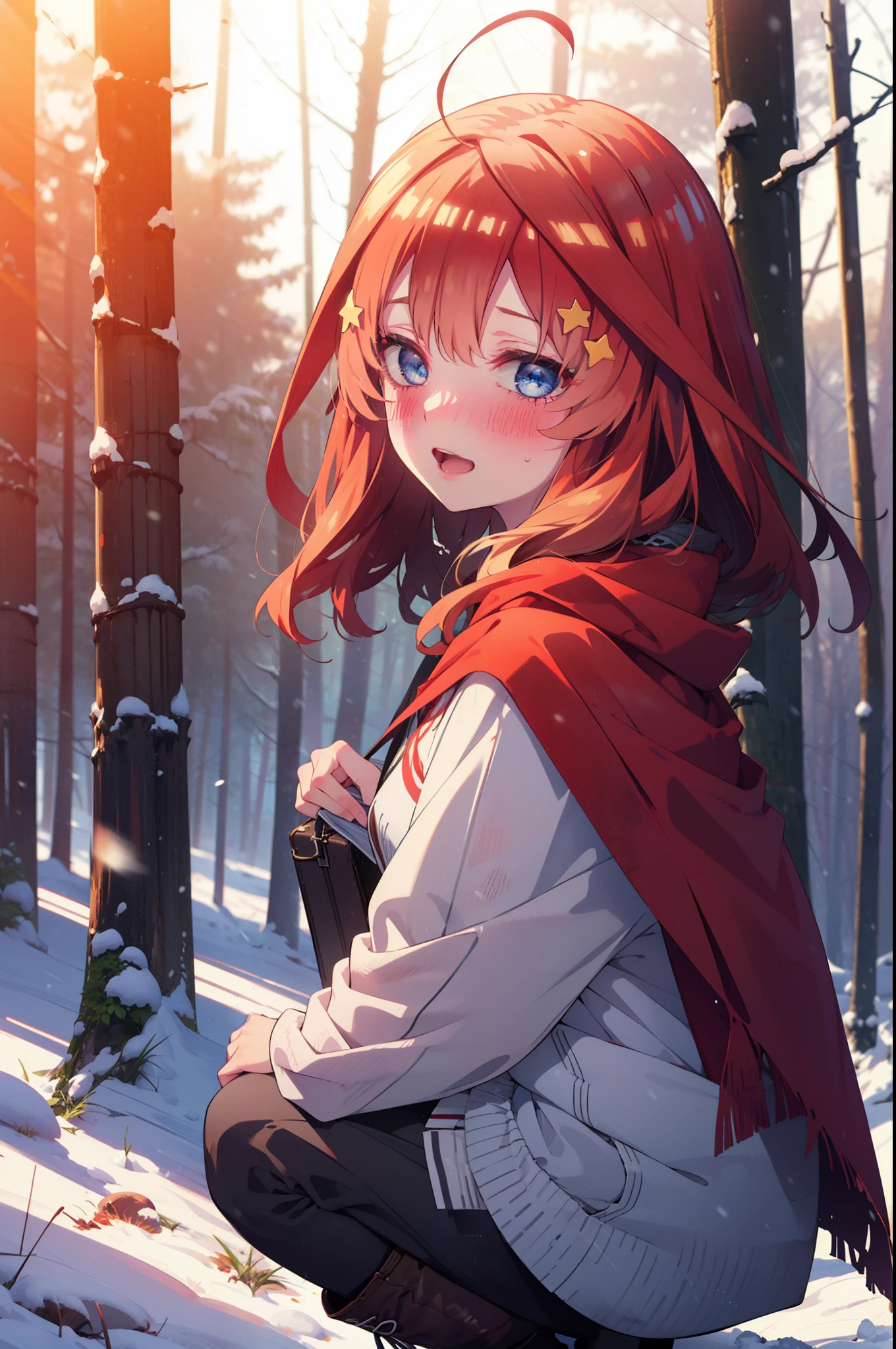 itsukinakano, Itsuki Nakano, bangs, blue eyes, Hair between the eyes, Ahoge, Redhead, star \(symbol\), hair ornaments, star hair ornaments,smile,blush,White Breath,
Open your mouth,snow, fire, Outdoor, boots, snowing, From the side, wood, suitcase, Cape, Blurred, Increase your meals, forest, White handbag, nature, Squat, Mouth closed, フードed Cape, winter, Written boundary depth, Black shoes, red Cape break looking at viewer, Upper Body, whole body, break Outdoor, forest, nature, break (masterpiece:1.2), highest quality, High resolution, unity 8k wallpaper, (shape:0.8), (Beautiful and beautiful eyes:1.6), Highly detailed face, Perfect lighting, Highly detailed CG, (Perfect hands, Perfect Anatomy),