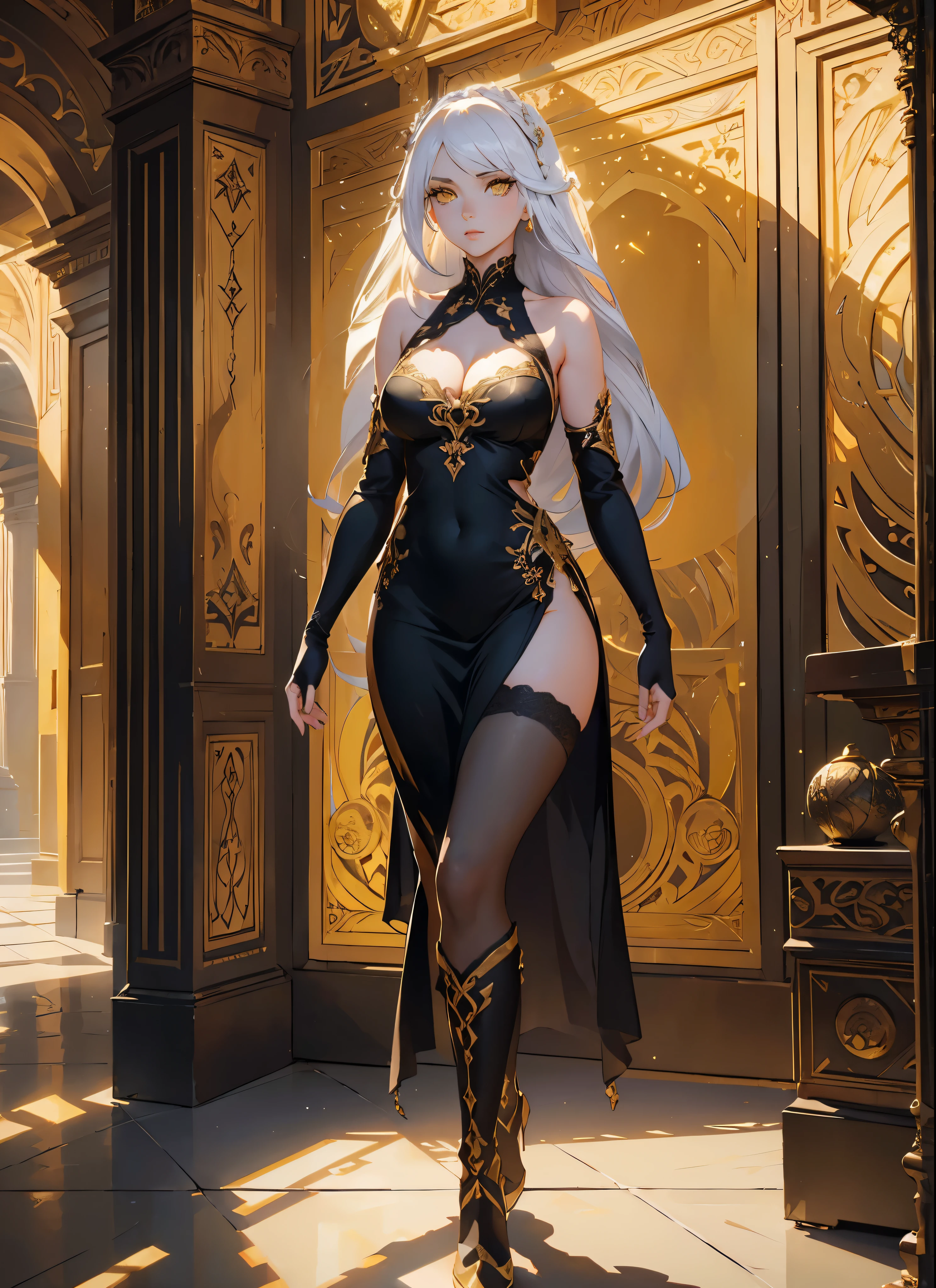 masterpiece, high quality, 1_women, (full body), (Caucasian skin_complexion:1.4),mature, statuesque, tall, beautiful, exotic, ((looking away from viewer)), facing away from viewer, large breast, nsfw, chest window, ((cleavage)), and halter dress, black ((diaphanous sparkling dress)) with gold trim, black thigh highs, black knee_high boots, ((white embroidery elbow gloves)), long white hair, realistic and detailed face having (yellow eyes), ((dark_eyeliner)), long_eyelashes), natural dynamic lighting casts detailed shadows, inside palace,