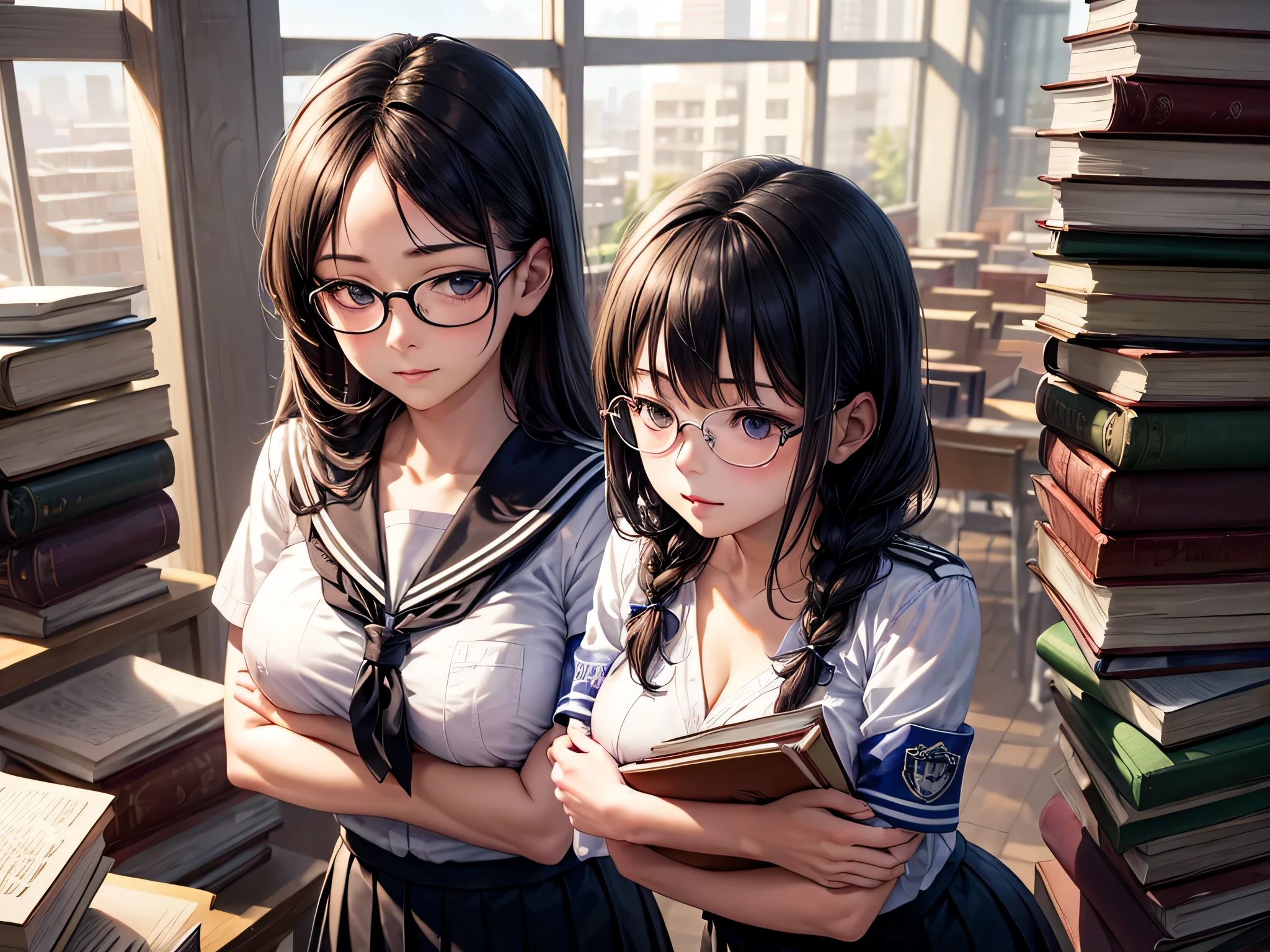 masutepiece, Best Quality, ultla detailed, Realistic, hight resolution, 8K, braided, glasses, library, Girl in uniform, serafuku, White shirt, Black skirt, Black hair, carried breast rest, carrying, stack of books, carry a pile of books, armband
