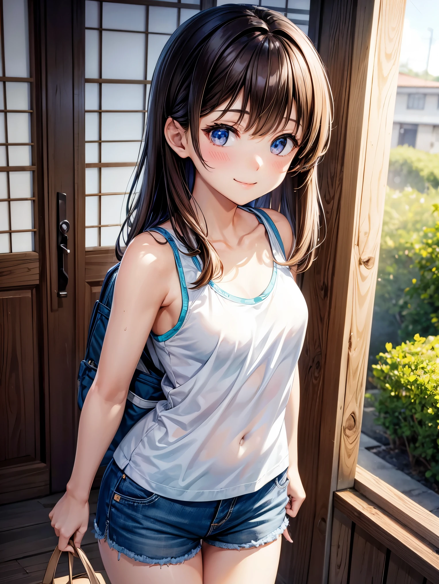 Anime girl with blue eyes and a backpack standing in front of a door ...