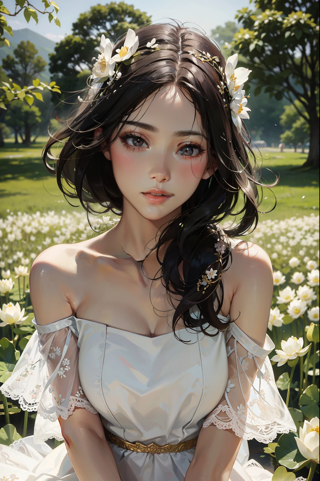 a close up of a woman in a white dress sitting in a field of flowers, ethereal beauty, realistic. cheng yi, beautiful asian girl, lotus floral crown girl, beautiful young korean woman, beautiful south korean woman, artwork in the style of guweiz, beautiful portrait image, gorgeous young korean woman, guweiz, with flowers, ethereal!!!!!!!, lovely delicate face