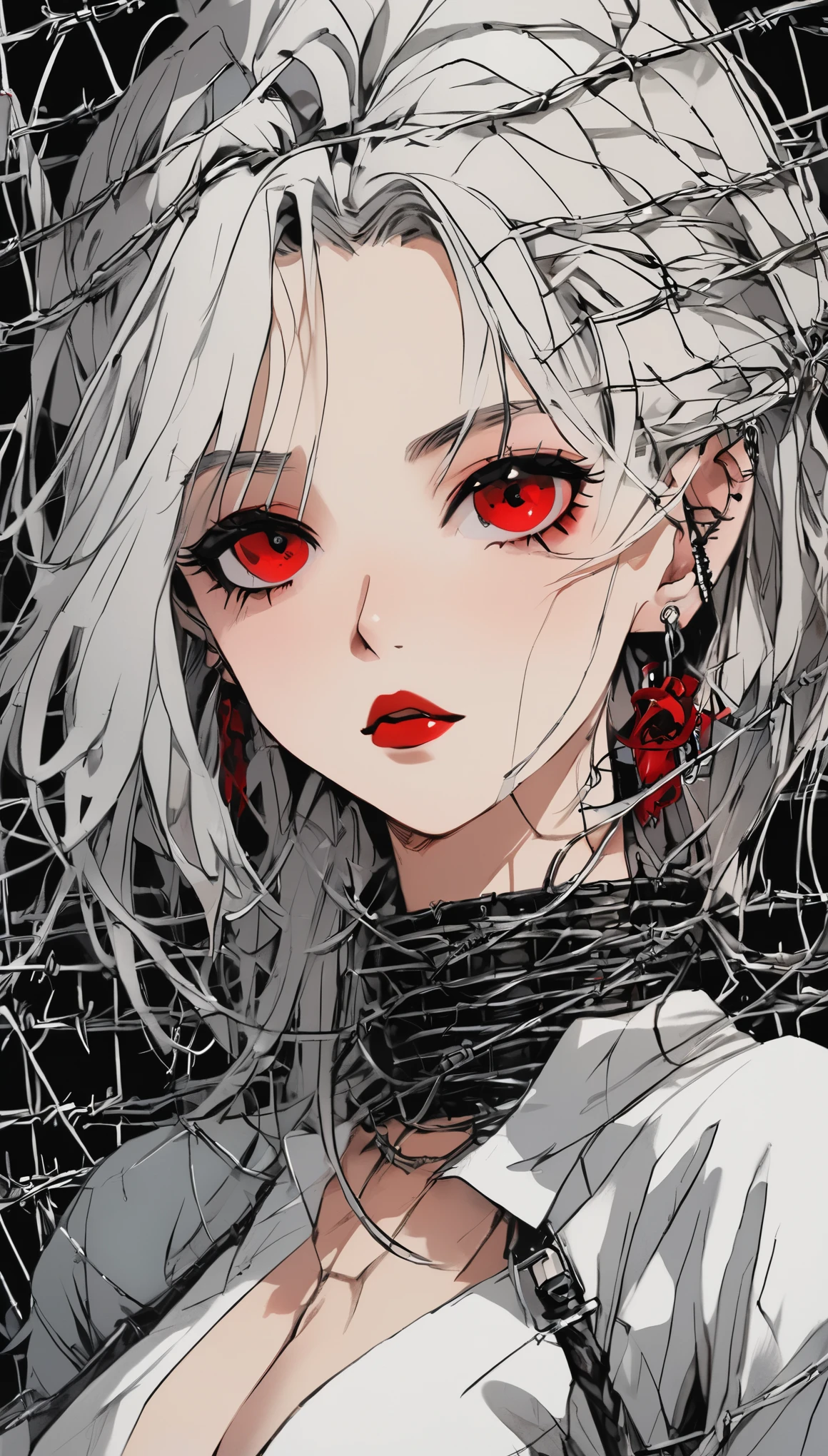 Beautiful young white-haired girl with piercing red eyes, half smile with full lips, black nails, barbed wires everywhere(coiled black barbed wires)