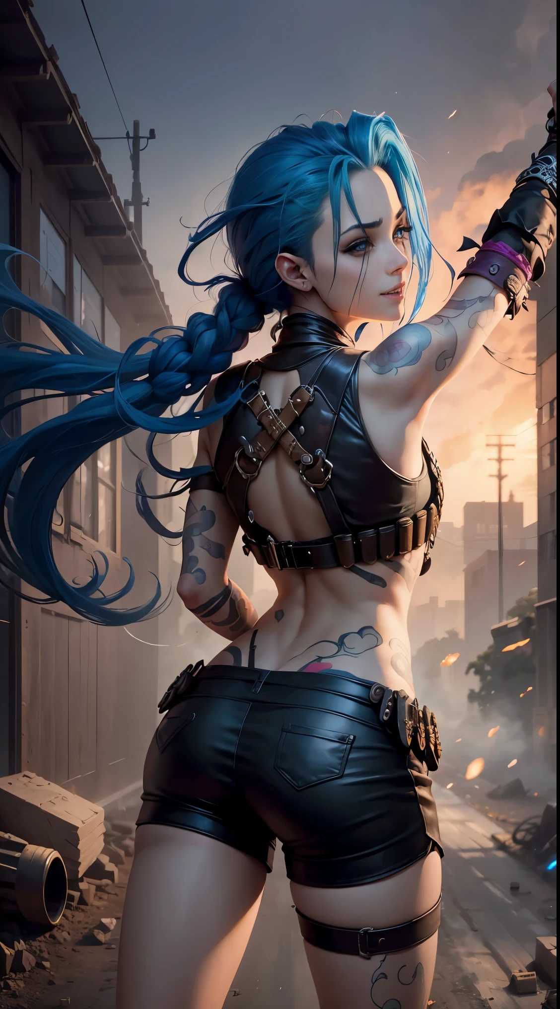 ((Best quality)), ((masterpiece)), (highly detailed:1.3), 3D, arcane style,In the dark and gritty dystopian city Piltover, plagued by violence and divided into two opposing factions, a young prodigy named Jinx emerges. Having endured unimaginable loss and abandonment, she has embraced a life of chaos and destruction. Known for her inventive and explosive abilities, Jinx becomes an icon of rebellion against the oppressive forces controlling the city. However, haunted by guilt and battling inner demons, she must confront her past and decide whether to continue down the path of anarchy or seek redemption amidst the turmoil. Explore the journey of Jinx as she navigates a treacherous world, fighting for survival, unraveling secrets, and discovering the true meaning of her twisted existencechaos reigns supreme, and at the heart of it all is Jinx, the embodiment of unpredictability. Delve deep into the twisted mind of Jinx, exploring the origins of her madness and the driving force behind her destructive nature. Unveil the moments that shaped her into the deranged and iconic character we know. Take us on a wild journey through the vibrant streets of Piltover and the grim underbelly of Zaun as Jinx wreaks havoc with her explosive arsenal. Can redemption ever find its way into Jinx's fractured soul? Or will she forever dance on the edge of sanity, embracing the chaos that fuels her very existence? The fate of Arcane hangs in the balance as Jinx's path intertwines with unlikely allies and formidable foes. Ignite your imagination and paint a vivid portrait of Jinx's twisted psyche, capturing the essence of her madness and the untamed spirit that defines her,HDR (High Dynamic Range),Ray Tracing,NVIDIA RTX,Super-Resolution,Unreal 5,Subsurface scattering,PBR Texturing,Post-processing,Anisotropic Filtering,Depth-of-field,Maximum clarity and sharpness,Multi-layered textures,Albedo and Specular maps,Surface shading,Accurate simulation of light-material interaction,Perfect proportion