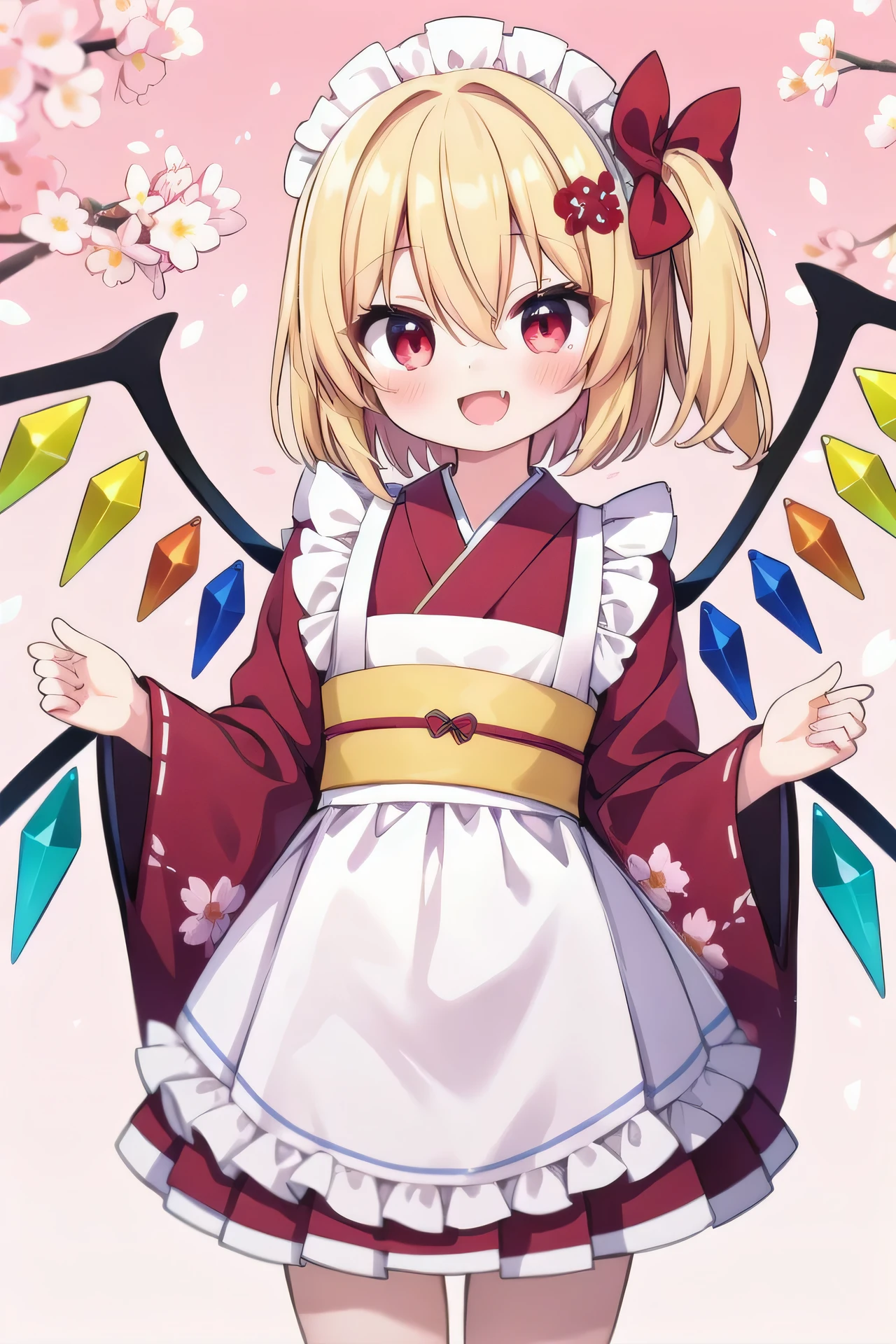 masterpiece, top quality, super detailed, CG illustration, high resolution, better lighting, best shadows, very delicate and beautiful, proper shading, hd, 8k,flandre scarlet, 1girl, solo, looking at viewer, blush, smile, short hair, open mouth, bangs, skirt, blonde hair, hair ornament, red eyes, long sleeves, bow, hair between eyes, standing, flower, :d, hair bow, cowboy shot, pleated skirt, frills, japanese clothes, wings, alternate costume, fang, hair flower, wide sleeves, kimono, apron, red bow, maid headdress, red skirt, one side up, floral print, pink background, cherry blossoms, white apron, maid,crystal, enmaided, pink kimono, checkered background, wa maid