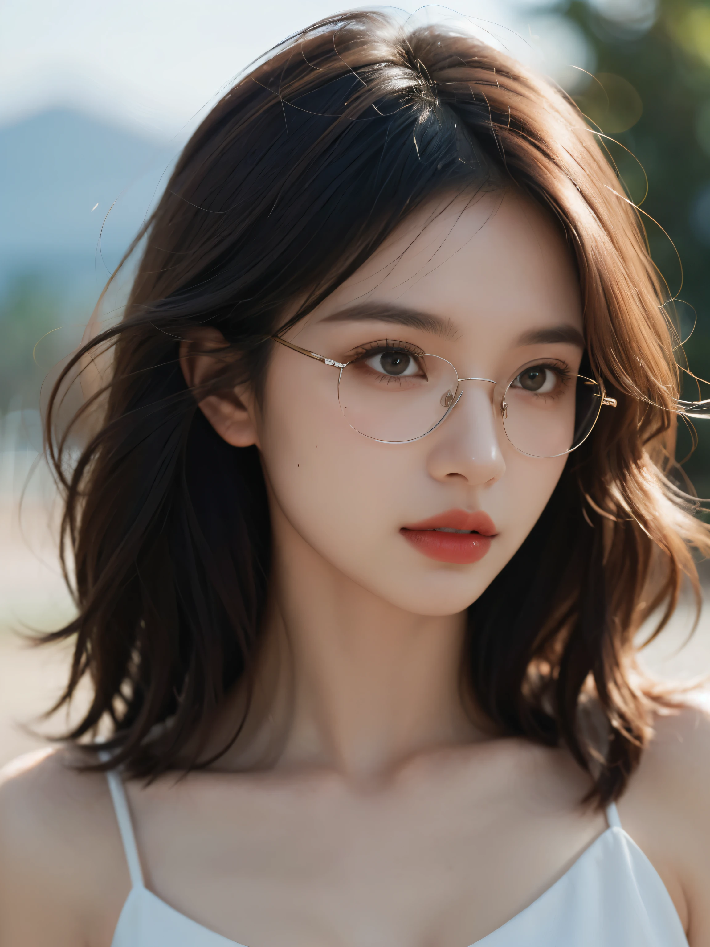 Film Portrait Photography, 1 girl, Bare shoulders,Lipstick,(flat chest:1.4), Shoulder-Length Wavy Hair, wear glasses,serene, calm, (Realistic and detailed eyes, Natural skin texture, Realistic facial details), Soft dramatic lighting, Depth of Field, Bokeh, Vivid details, Detailed and detailed, Surreal, 35 mm film, hazy, ,
