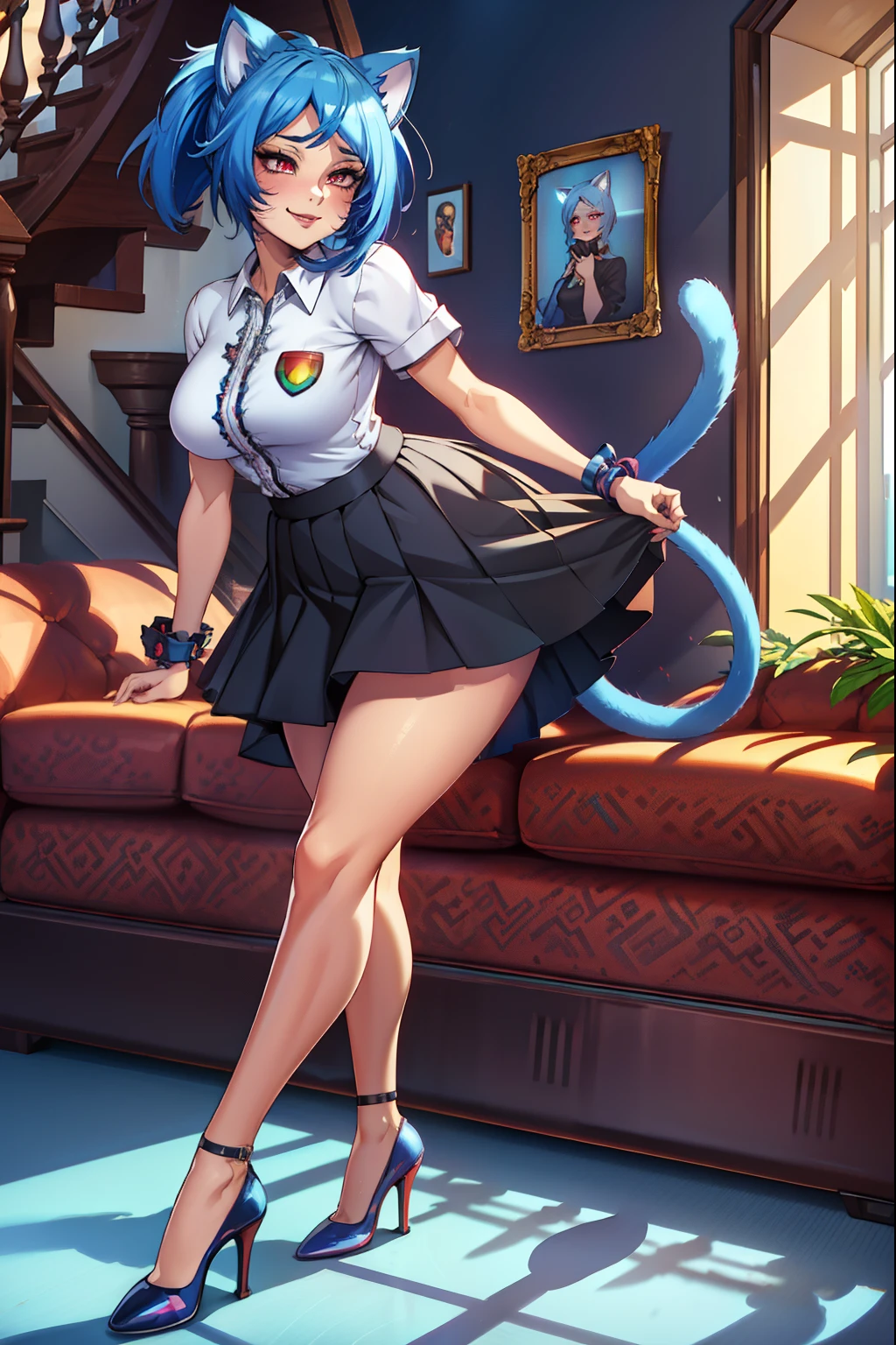 cat girl, blue hair, red eyes, cat ears, cat tail,white shirt, skirt, (extremely detailed CG unity 4k wallpaper),(masterpiece),(best quality),(ultra-detailed),(best illustration),(best shadow),(absurdres),(detailed background), Smiling, Contemporary house, Lipstick, Eyeshadow, High heels, 