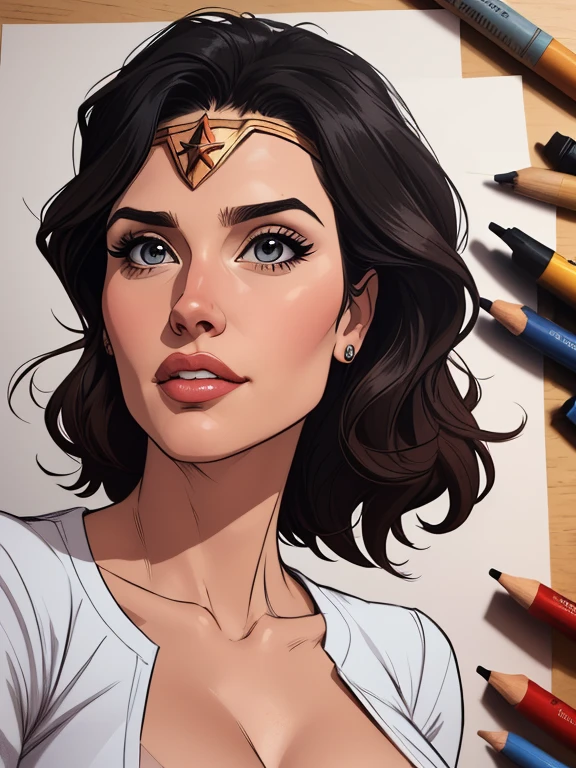 estilo de desenho animado:1.2), vestindo o uniforme da mulher maravilha Geena Davis s Mulher brasileira desenho ART Artline mulher Imagem cartoon de uma mulher , roupas sensuais , garota super valente destemida , Ilustra??o estilo desenho animadocabelo preto ondulado, estilo de arte dos desenhos animados, estilo de arte dos desenhos animados, digital illustration style, design de personagens altamente detalhado, arte digital detalhada fofa, Fan art horror character design portrait, black curly hair digital illustration beautiful high quality portrait, arte em quadrinhos, retrato do design do personagem, Busty naked medium breasts cartoon style female character Geena Davis wearing wonder woman uniform