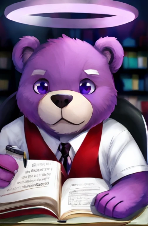 A bear with a halo writing a sentence and with broken eyes and purple eyes and a student uniform