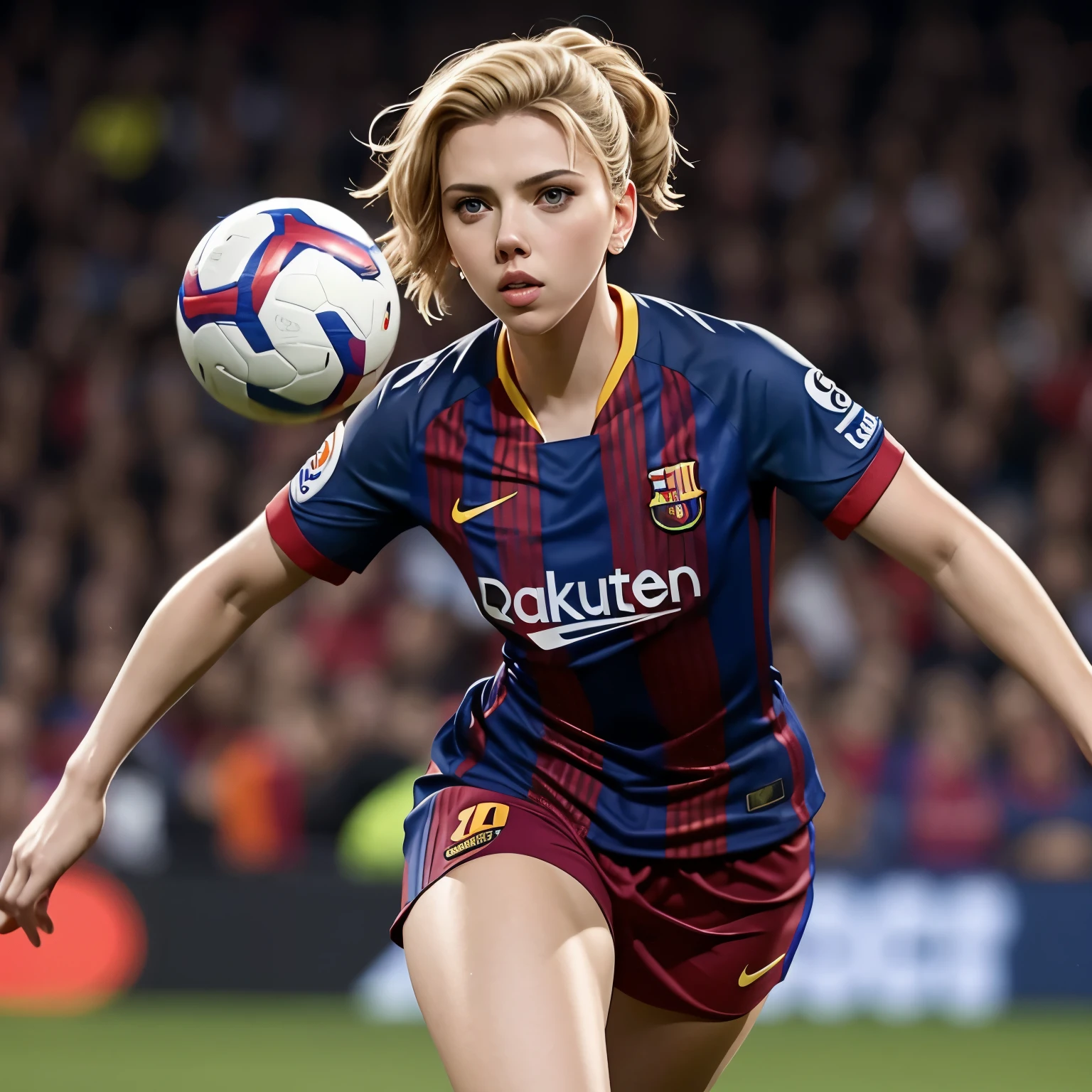 Scarlett Johansson as a Barcelona women&#39;s player with jersey number 10 ,with the ball in a game, sexy