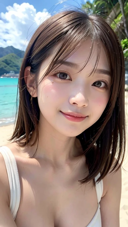 (((Shoulder length straight brown hair mini bob)))、(((目が細くLight eye makeup)))、(((She is posing like a hair salon model with Lanikai Beach in the background.)))、(((Random cute micro bikini)))、Half Japanese and Korean、18-year-old girl、independent、Look forward、Light eye makeup、Brown Hair Color、flat 、Hair blowing in the wind、quality of actress、Shiny, Ultra-realistic faces、smileの表情、Watery eyes、look up、Calming lighting effects、 Ultra-Realistic Capture、Very detailed、High resolution 16K human skin close-up。Skin texture must be natural、Must be so detailed that pores are visible、skin is healthy、Must be even tone、Use natural light and color、High quality photos taken by a modeling agency&#39;Exclusive photographer、smile
