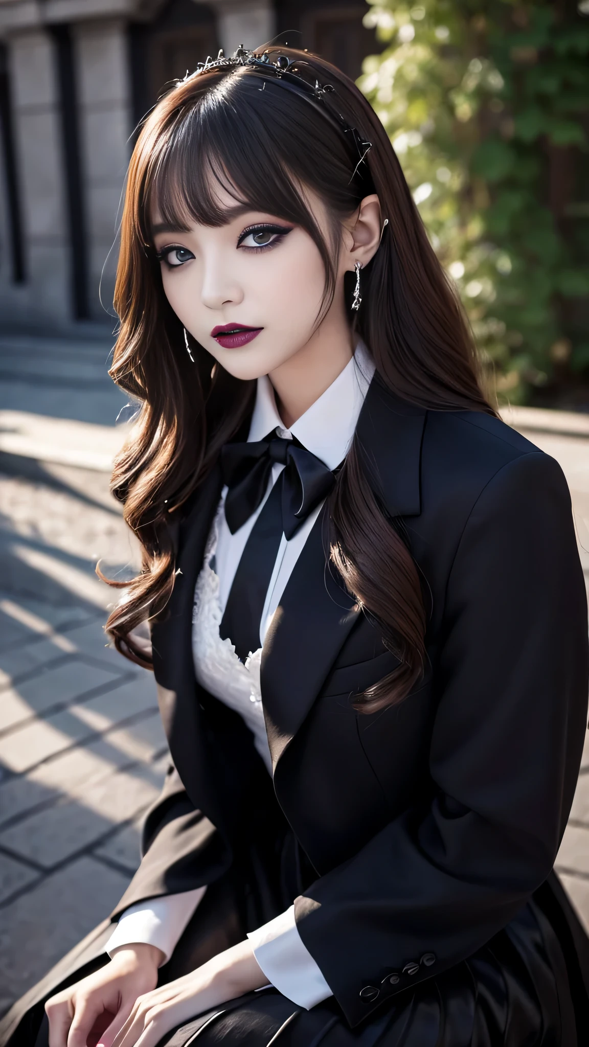 2girls、best quality、ultra-detailed、4k、Japanese、Seductive beauty、seductive adult woman、Pretty Woman、cool girl、Villainess、Brainwashed、brainwash、Fallen into evil、smirk、Evil look、Wicked Smile、evil、Brown hair、wavy hair、swept bangs、dark makeup、dark makeup、piercing eyes、hollow eyes,half-closed eyes、Hollow Eyes、Purple Eyeshadow、black lipstick、black lipglos、suit、Jacket、blouse、Black Ribbon、Long skirt、slit、Beautiful feet、night、Eerie Citadel、Are standing、