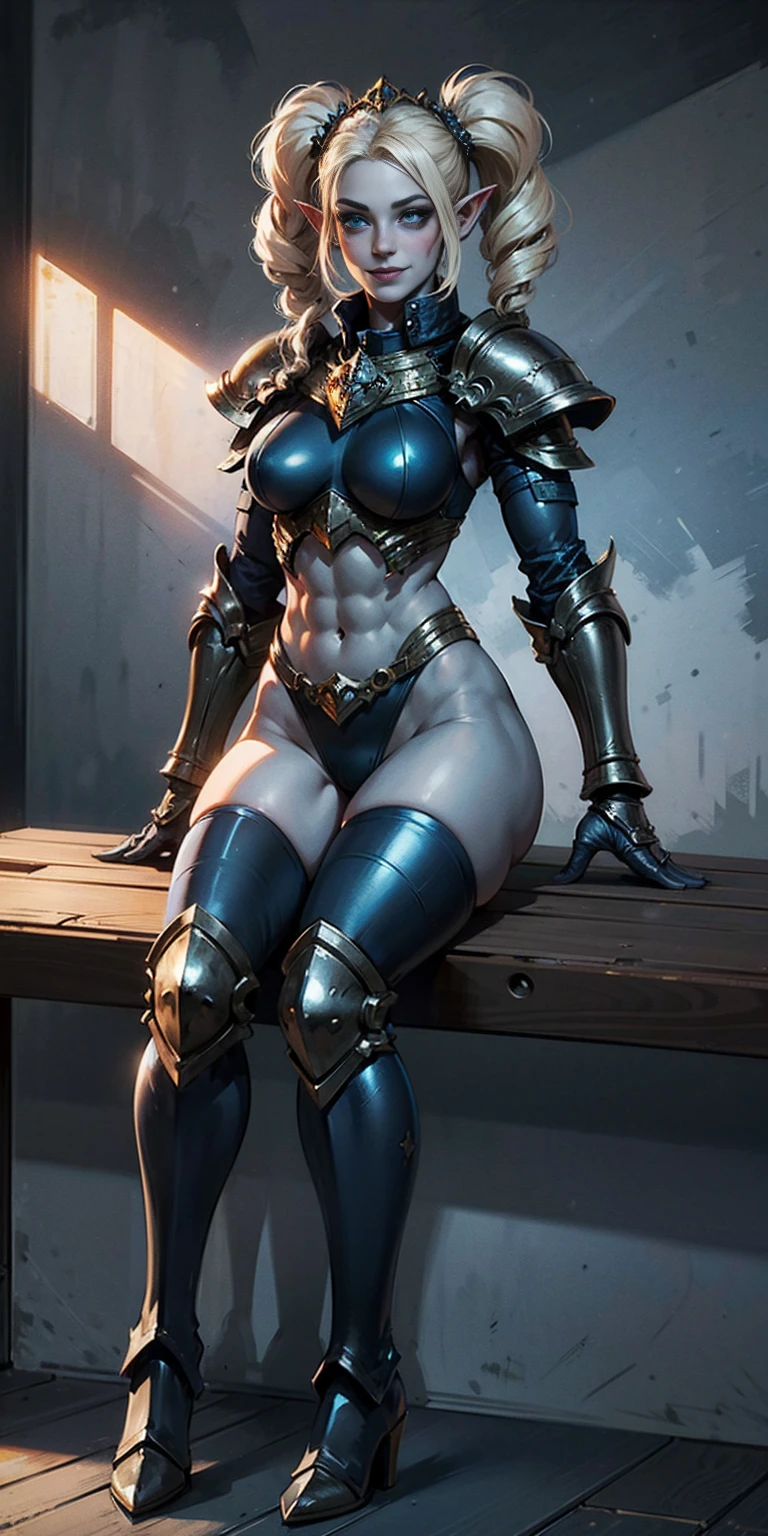 full body sitting on a bench showing ass to me, BLUE breastplate, BLUE skin (1girl)(BLUE skin:1.2), looking at viewer, shiny, armor, thigh highs, high boots, pauldrons shoulder armor, faulds, poleyn, gloves, gauntlets, rerebrace armored boots, (masterpiece, best quality, ultra-detailed, best shadow) yordle pointy ears muscular lean platinum blonde long twin-tails hairstyle at the office lustful smirking smile face red blushed, blush, strong abs, female body builder, tiara, twin drills hair