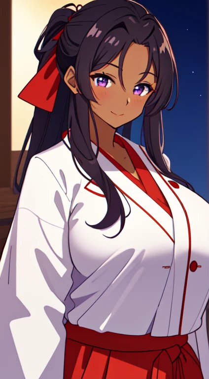 masterpiece, best quality, anime Illustration, 4k, 1 girl, solo, standing, long hair, black hair, violet eyes, high ponytail, red hair ribbon, red ribbon, red hakama and white kimono, thin fabric, nipples, erect nipples, big breasts, huge breasts, looking_at_viewer, motherly smile, upper_body, dark skin, ((Village background:1.0)), ((dark skin: 1.5)), , ((parted bangs: 1.4)), parted bangs, large forehead, purple eyes, red hakama