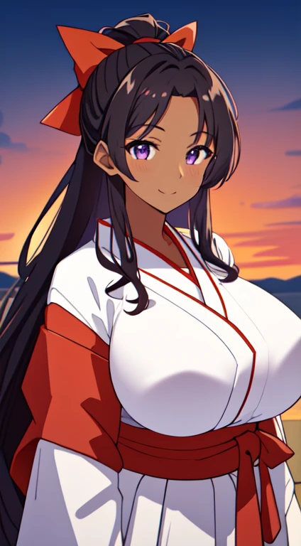 masterpiece, best quality, anime Illustration, 4k, 1 girl, solo, standing, long hair, black hair, violet eyes, high ponytail, red hair ribbon, red ribbon, red hakama and white kimono, thin fabric, nipples, erect nipples, big breasts, huge breasts, looking_at_viewer, motherly smile, upper_body, dark skin, ((Village background:1.0)), ((dark skin: 1.5)), , ((parted bangs: 1.4)),  parted bangs, large forehead, purple eyes, red hakama